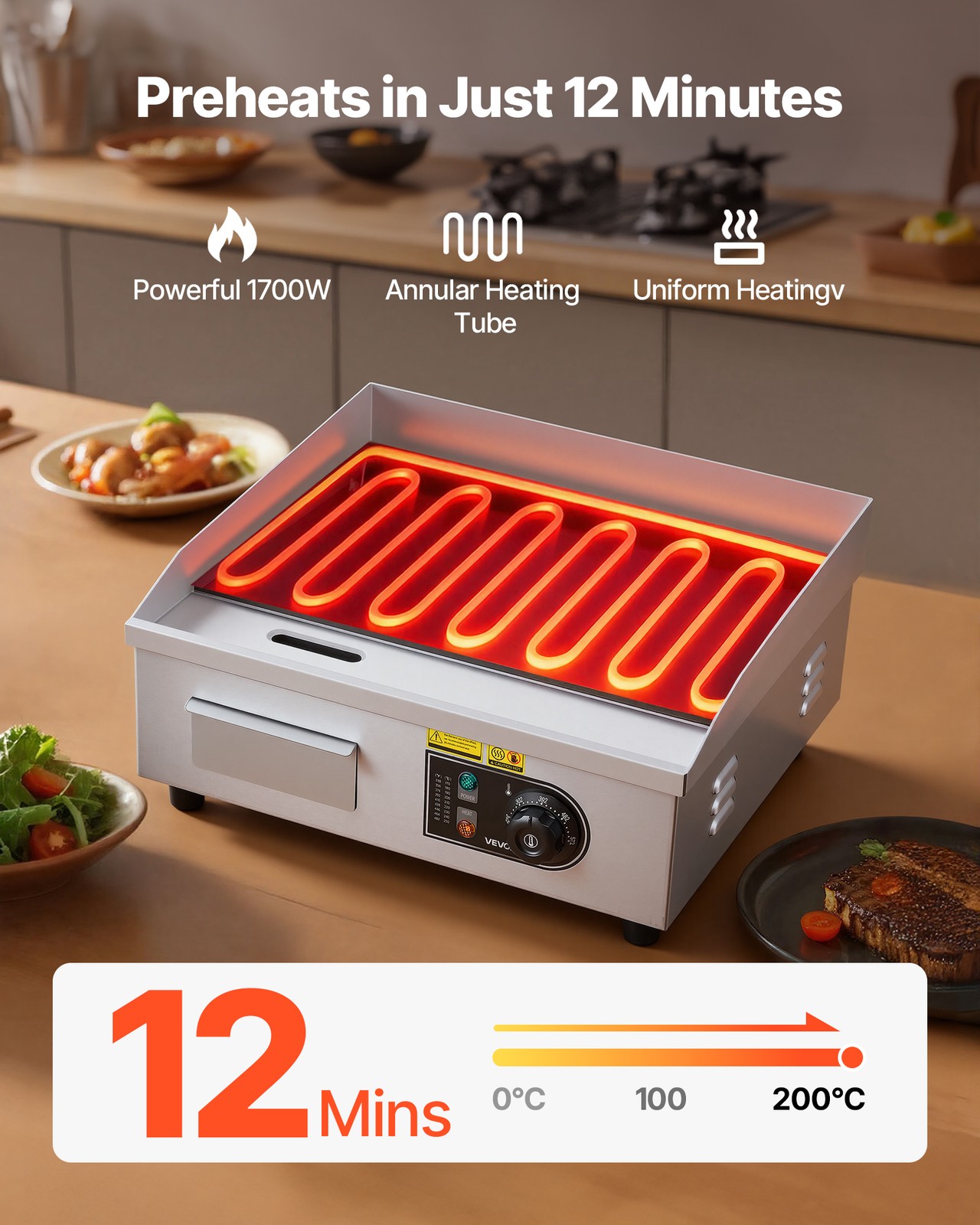 VEVOR 18″ Commercial Electric Griddle Countertop Flat Top Grill 1750W 122-570°F