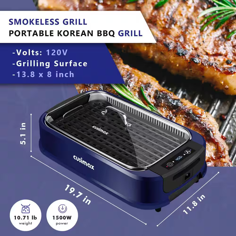 267Sq. In. Blue Smokeless Electric Portable Indoor Grill with 1500-Watt Fast Hea