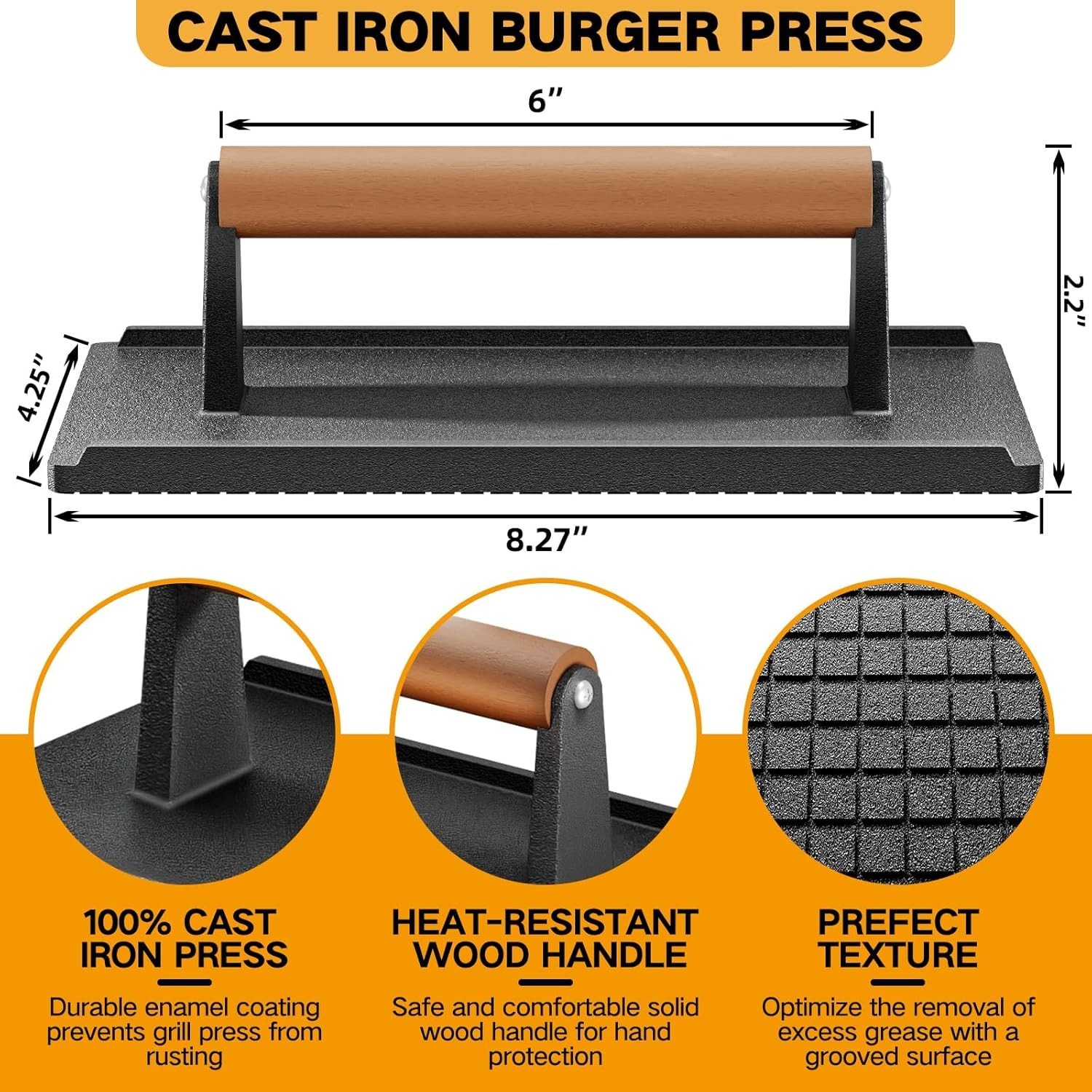 Cast Iron Grill Press-1PCS Bacon/Burger/Griddle/Chef Press with Wood Handle
