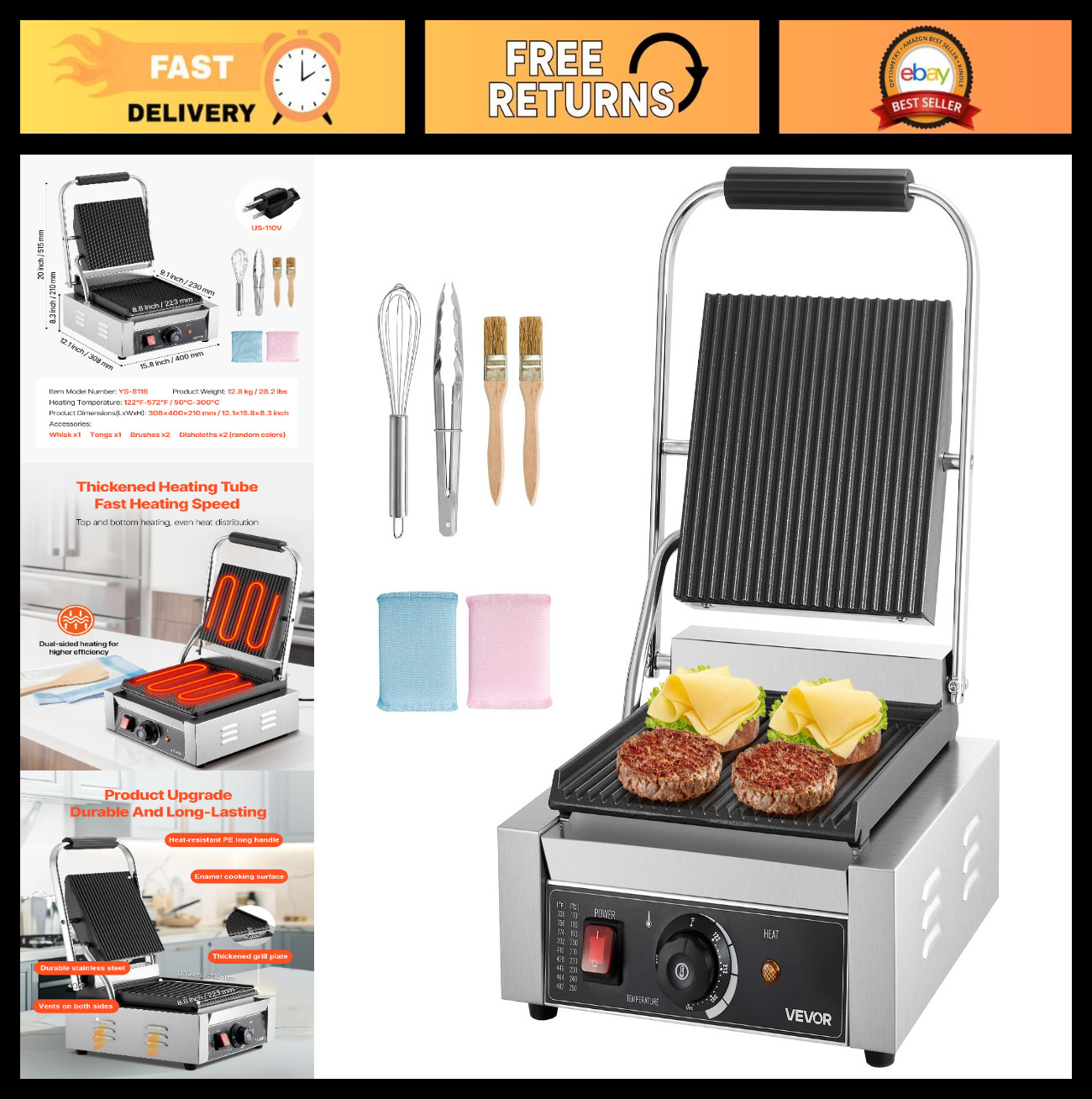 1800W Electric Panini Grill Sandwich Maker, Stainless Steel, Temp Control, Groov