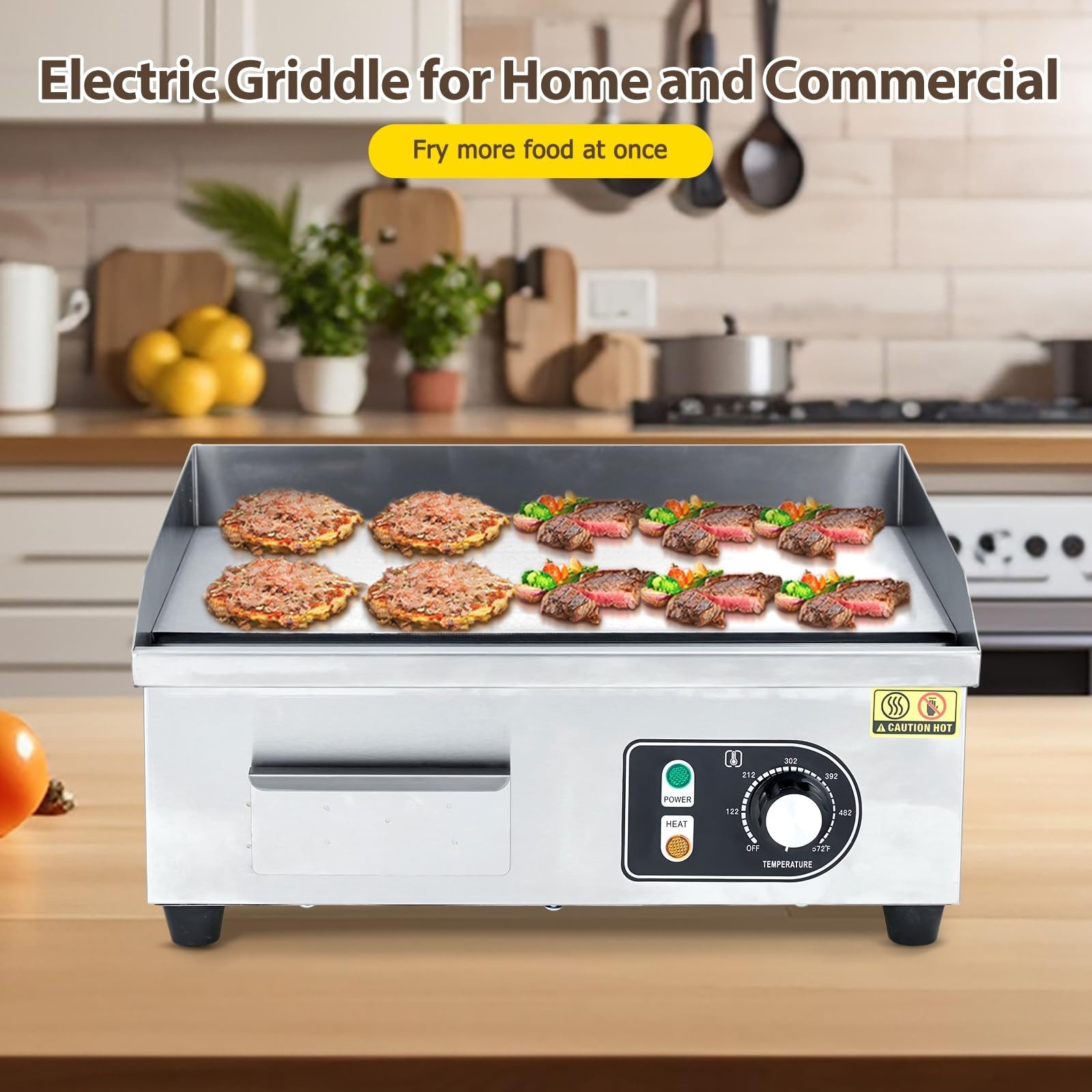 1500W 18″ Stainless Steel Electric Griddle, Adjustable Thermostat, Indoor/Outdoo