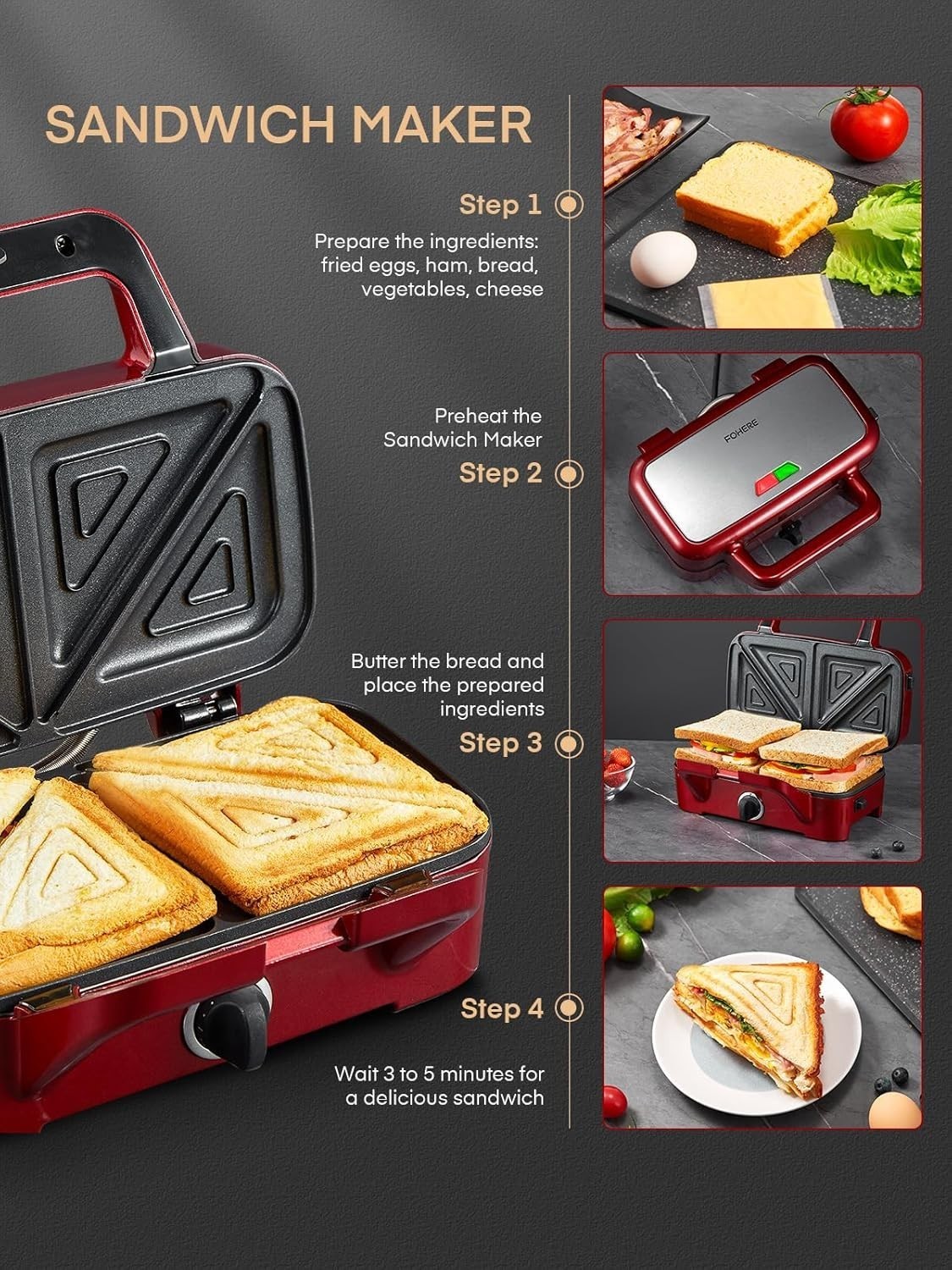 Waffle Maker 3 in 1 Sandwich Maker 1200W Panini Press W/ Removable Plates &
