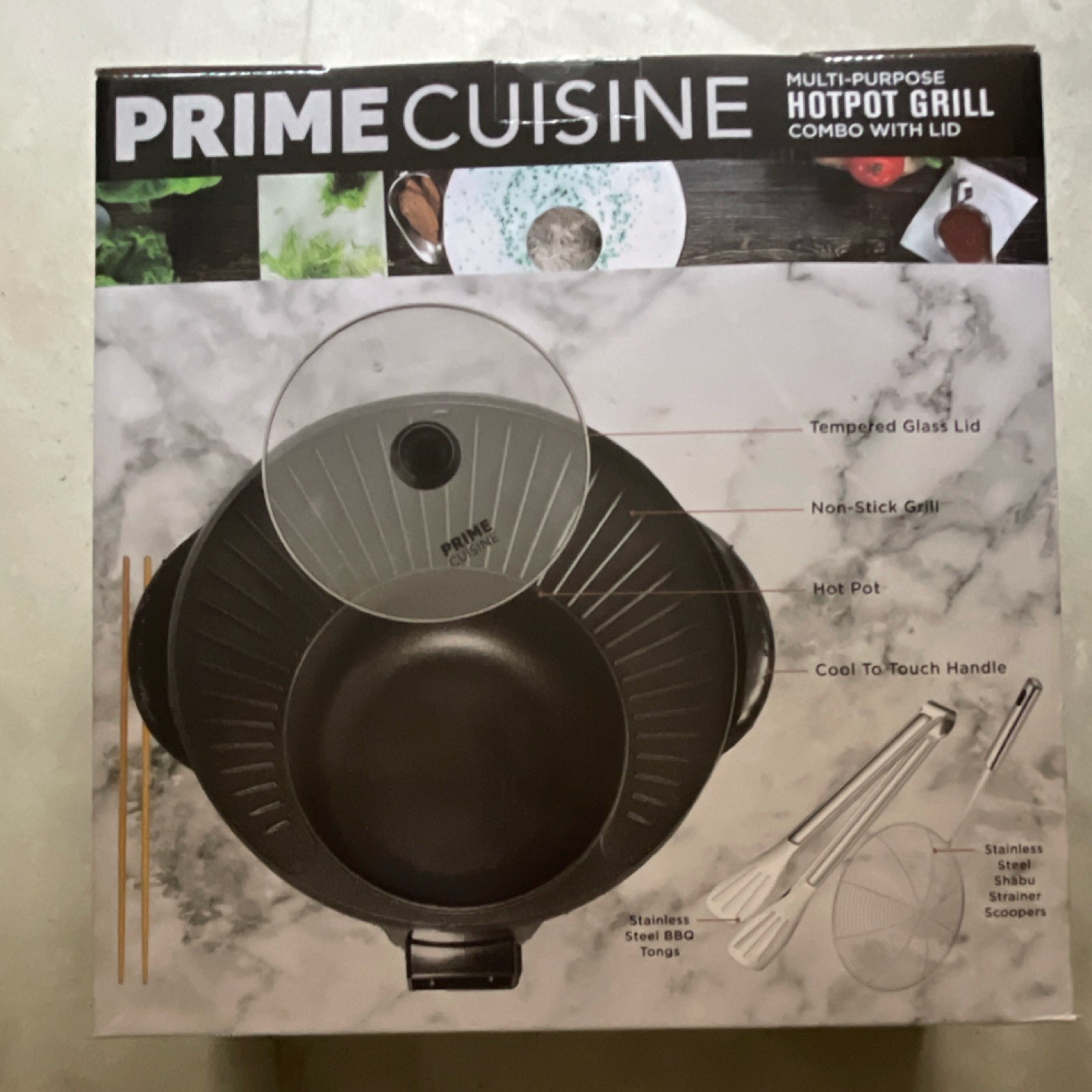 Prime Cuisine Hotpot Grill Combo Black Non-Stick Tempered Glass Lid