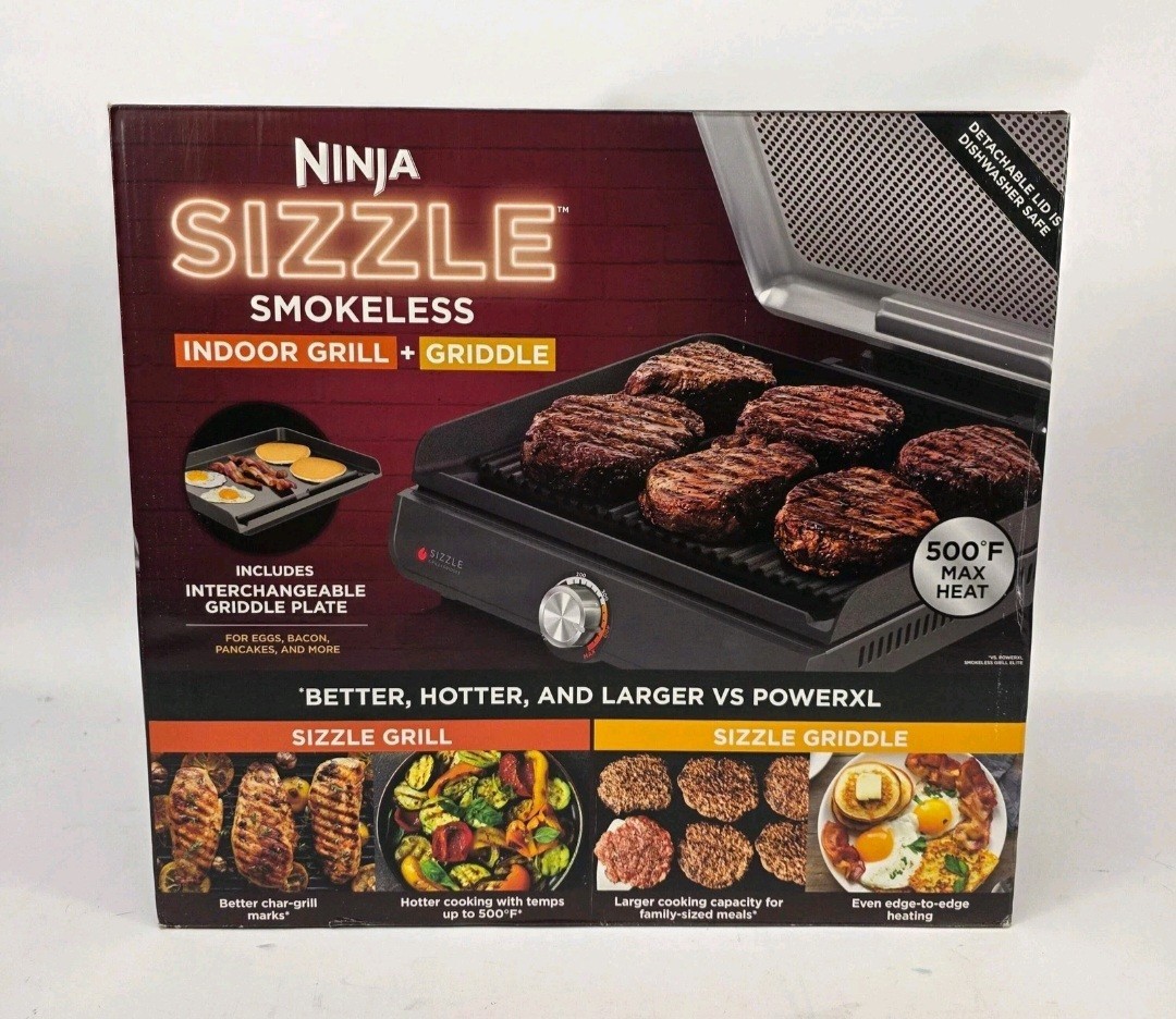 Ninja GR101 Sizzle Smokeless Indoor Grill + Griddle, 14” Interchangeable Plates