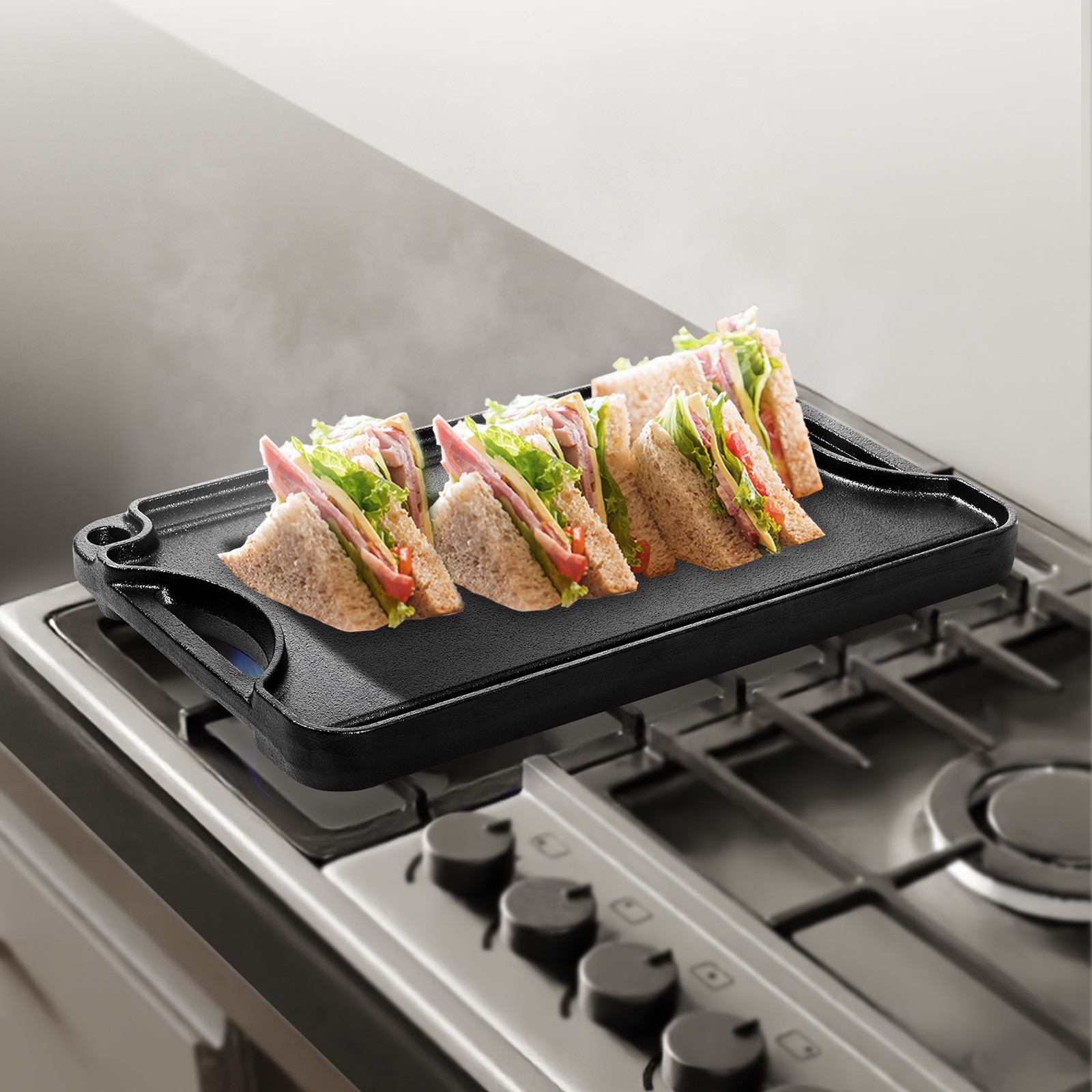 VEVOR 14×8.5 inch Reversible Grill Griddle Pre-Seasoned BBQ Pan Cast Iron Black