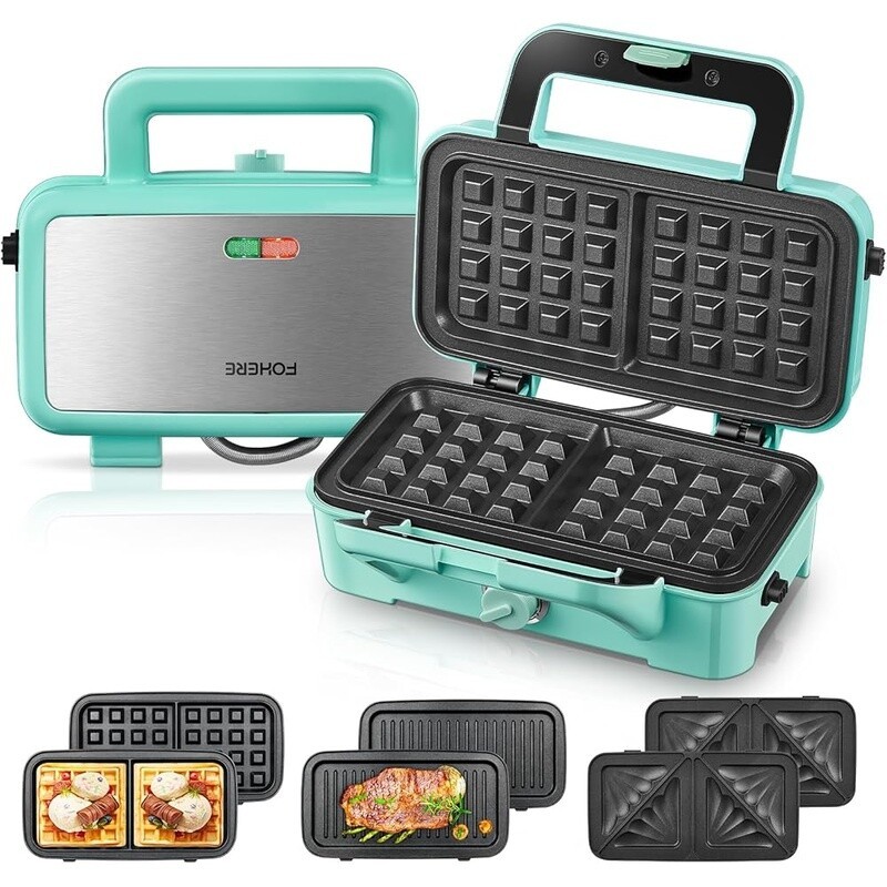 3 in 1 Waffle Maker Sandwich Maker Panini Press 1200W Non Stick Easy Clean Blue