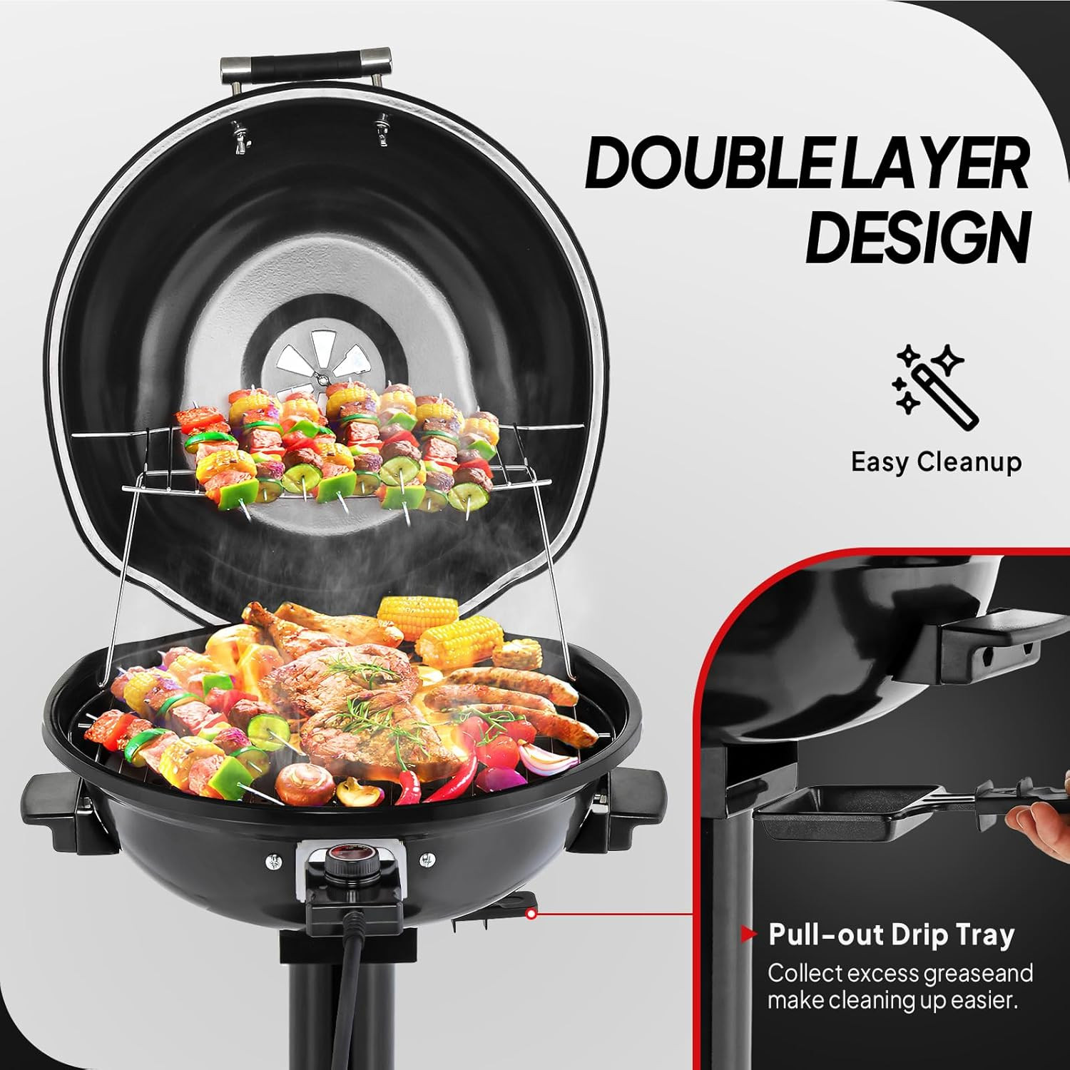 1600W Vertical Electric Grill with Lid, Red 304 Stainless Steel Grill W/Detachab