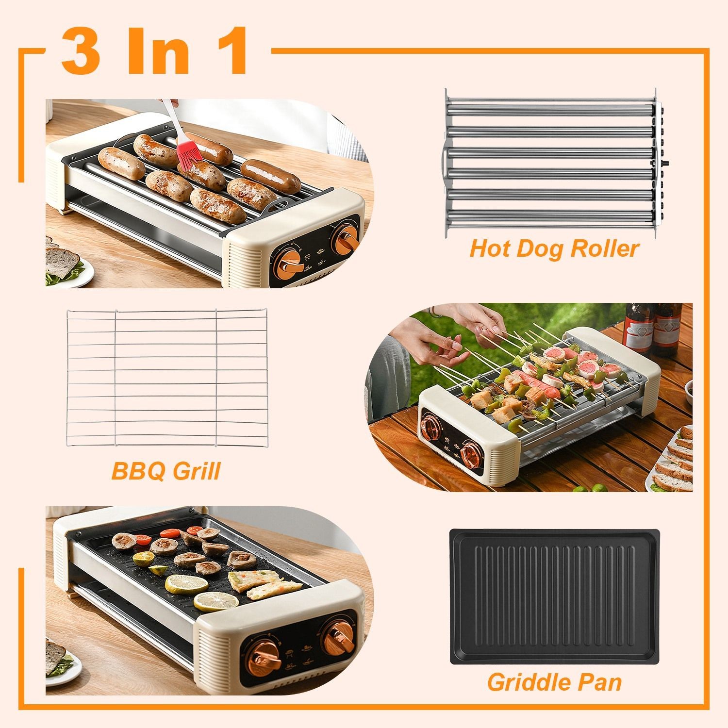 3-in-1 Electric Hot Dog Roller & Grill Machine – Smokeless Indoor/Outdoor