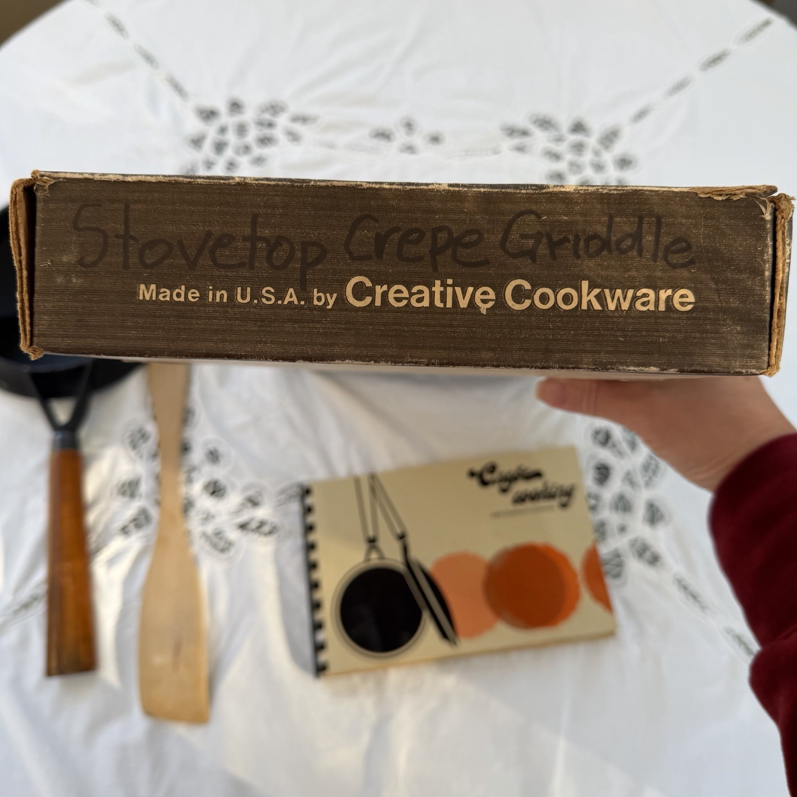 Vintage Creative Cookware Crepe Griddle Pan Set Cook Book / Wood Spreader/ Box