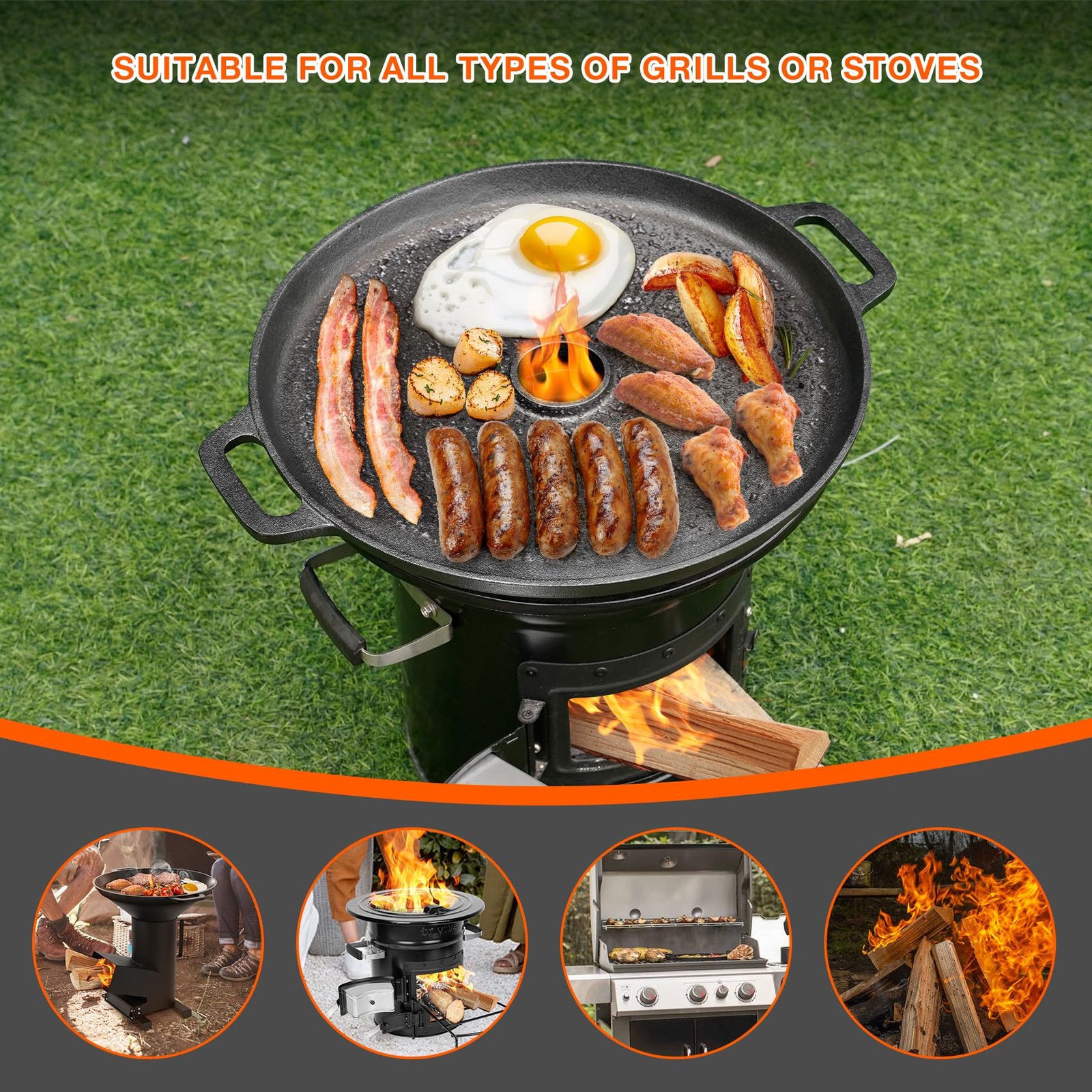 Cast Iron Griddle Pan for Rocket Stoves, Charcoal & Gas Grills – Nonstick Rou…