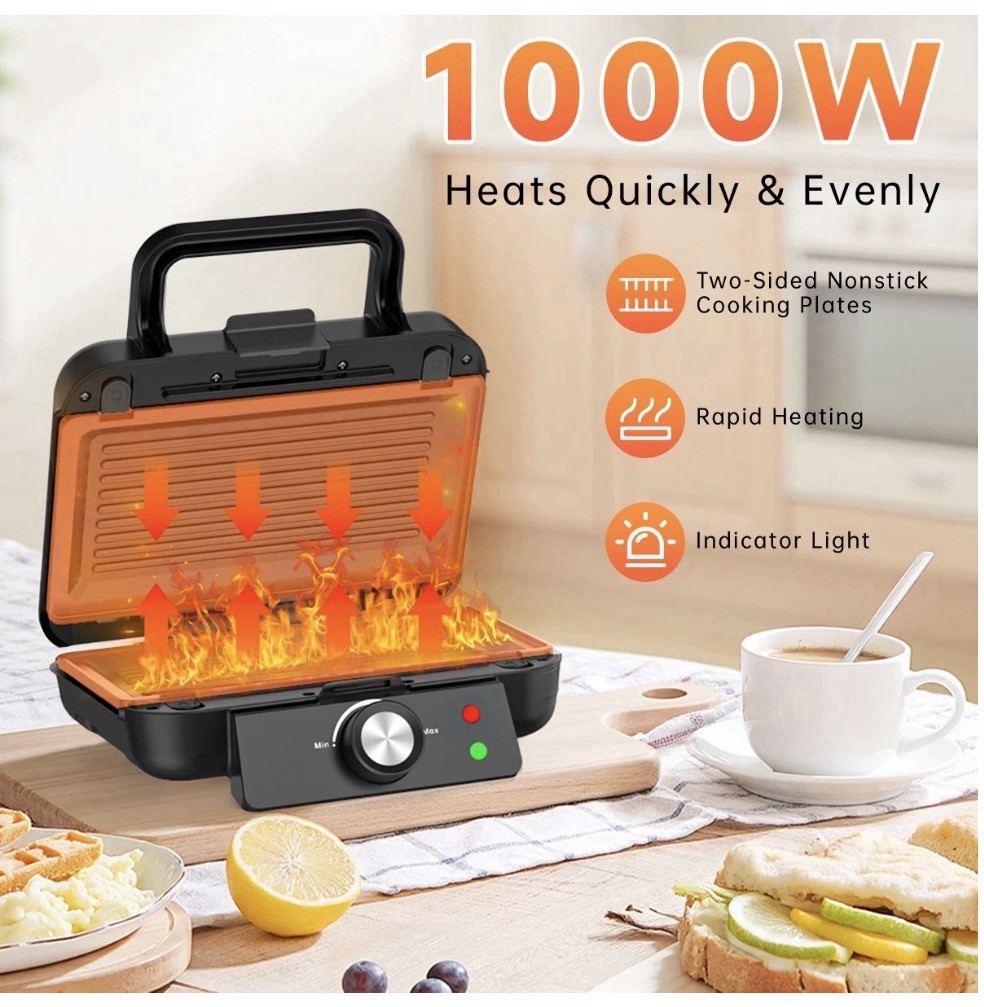 3-in-1 Sandwich Maker 1000W Panini Press Grill Waffle Non-Stick Black