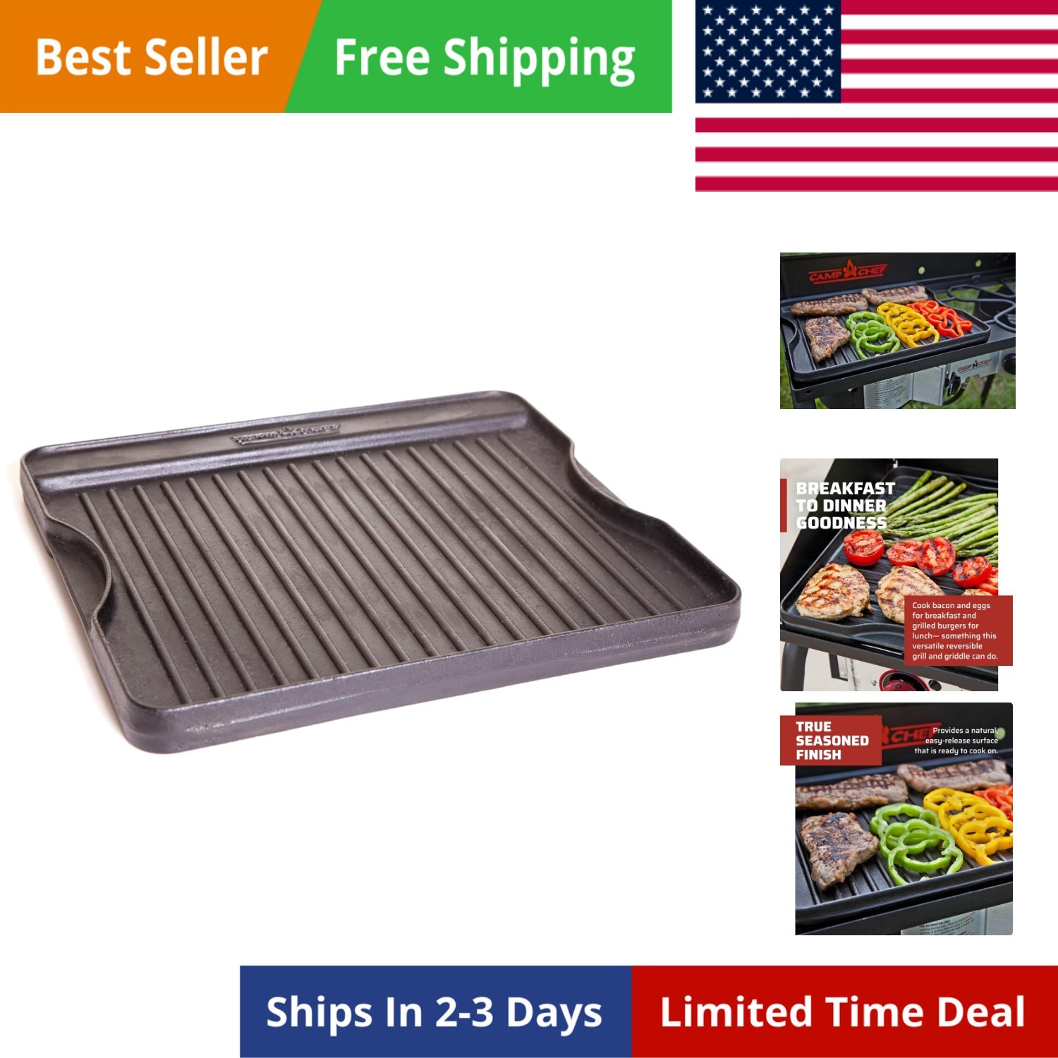 Reversible Pre-Seasoned Cast Iron Griddle, Cooking Surface 14 in. x 16, Black