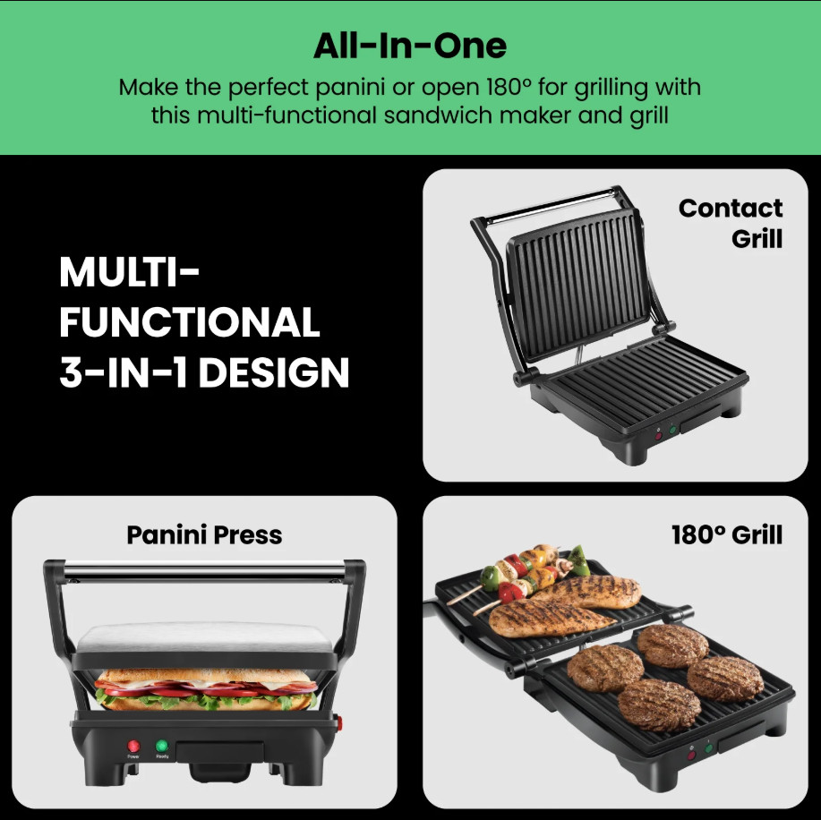 Chefman 3-in-1 Panini Press Grill 4 Slice Nonstick Opens Flat Stainless