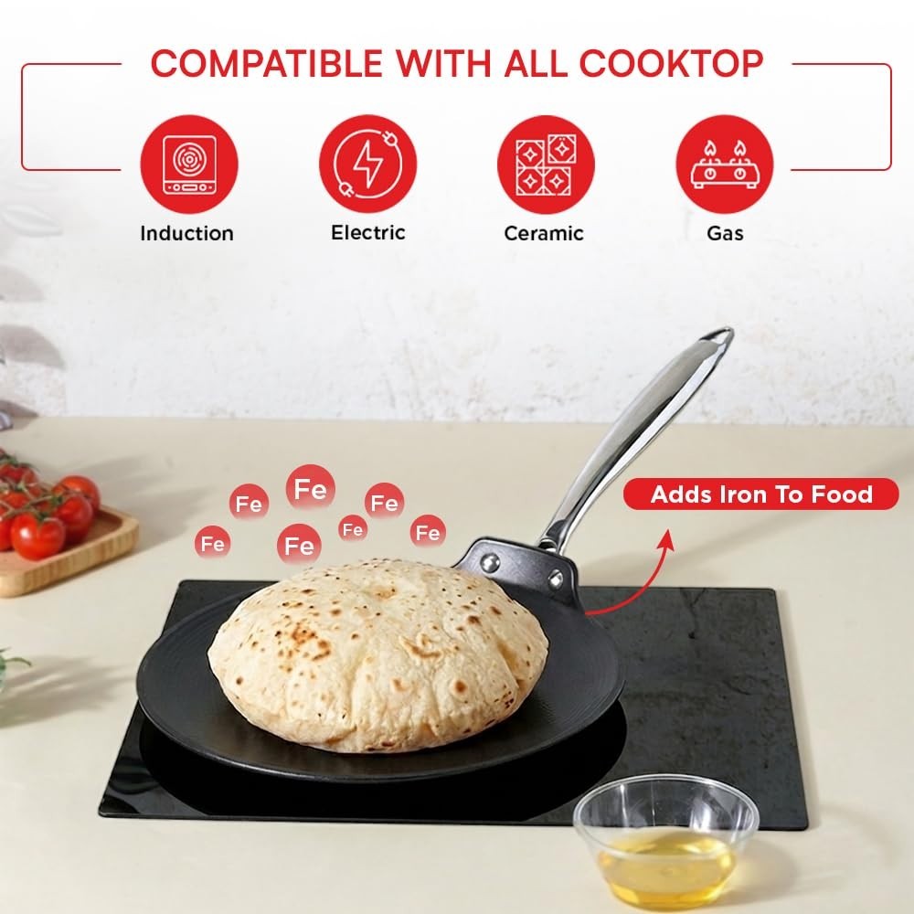 Vinod Ferona Cast Iron Roti Tawa Gas Stove Stick-Free Metal Spoon Safe 2 Yr