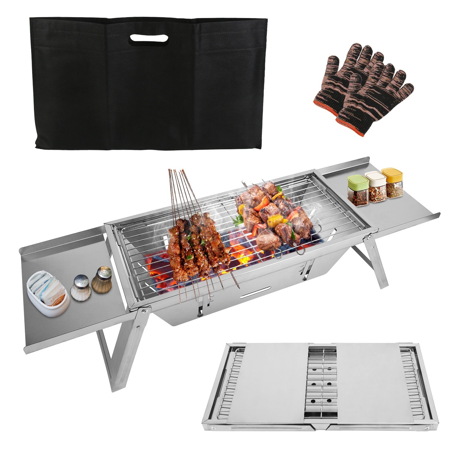 Portable Charcoal Grill with Adjustable Fire Grate Foldable for Camping BBQ