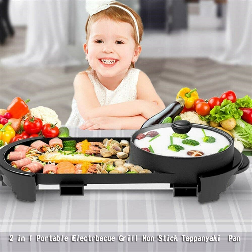 2 in 1 Portable Electric Hot Pot Barbecue Grill Non-Stick Teppanyaki Pan US