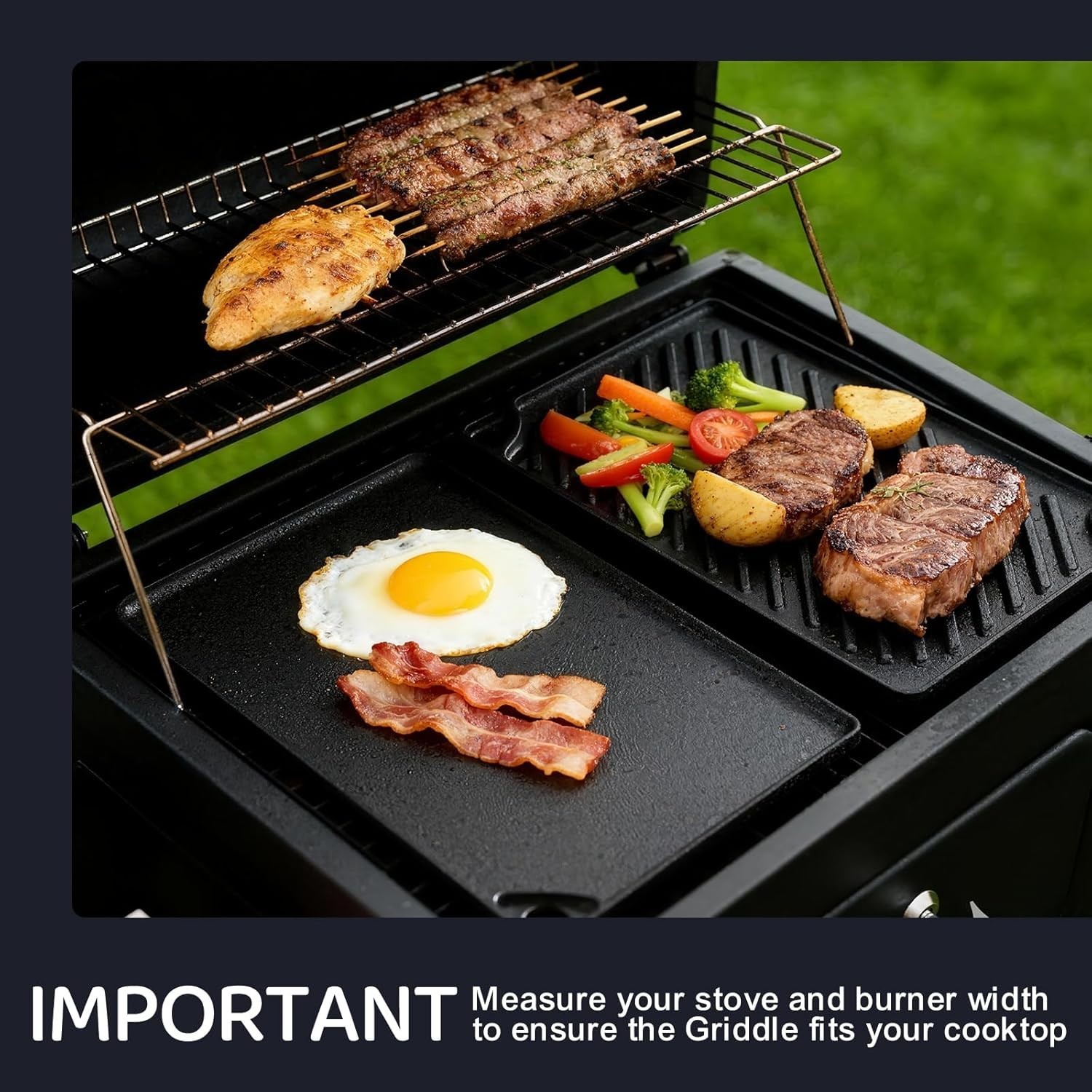 Cast Iron Reversible Grill Griddle, Double Sided for Gas Grills and Stove Tops