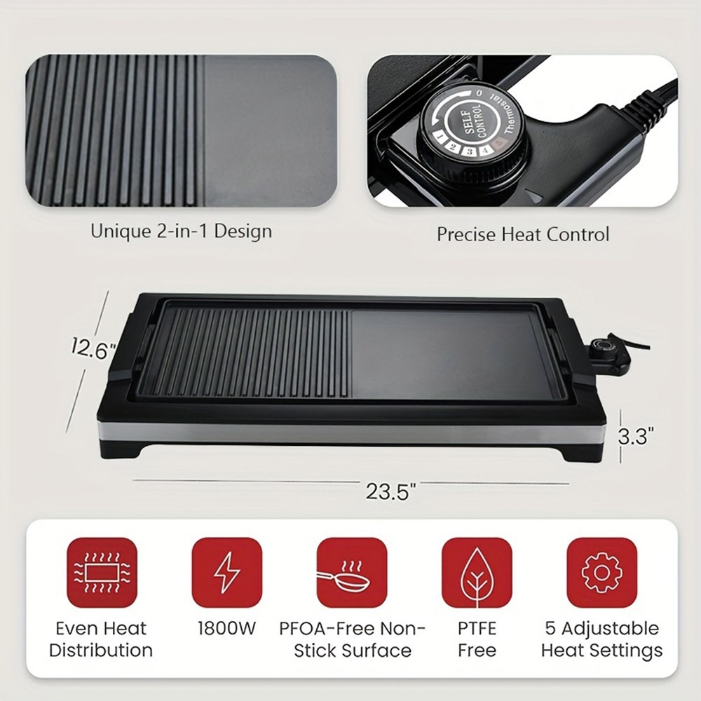 Electric Griddle 1800W Non Stick Cool Touch BBQ Grill Eggs Bacon Pancake Cooker