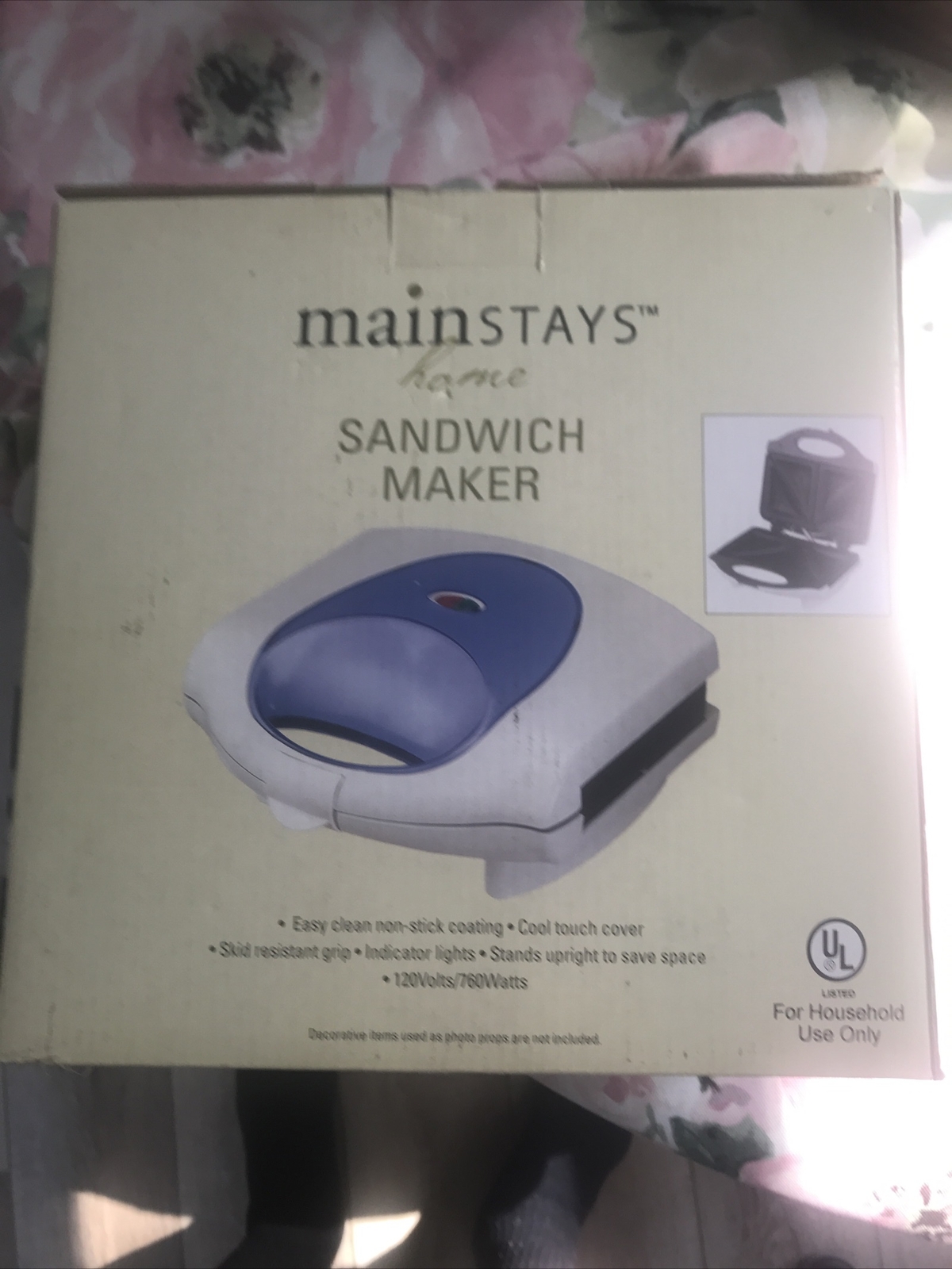 Mainstays Cuisine Sandwich Maker New Blue Non Stick Coating Indicator Lights