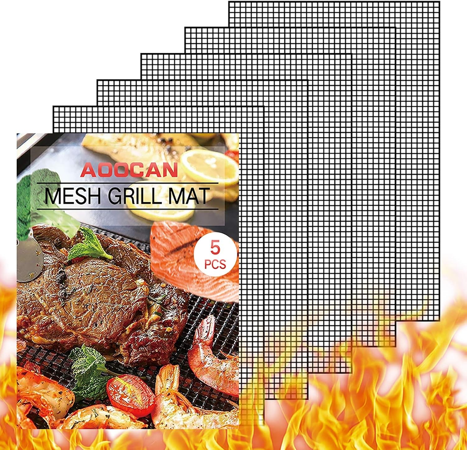 AOOCAN 5-Pack 15.75x13in Grill Mats Black Non-Stick Reusable Heavy Duty for BBQ