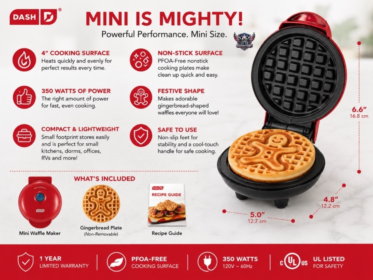 Dash Gingerbread Mini Waffle Maker 4″ Cooking Surface Non-stick 350 Watts Red.