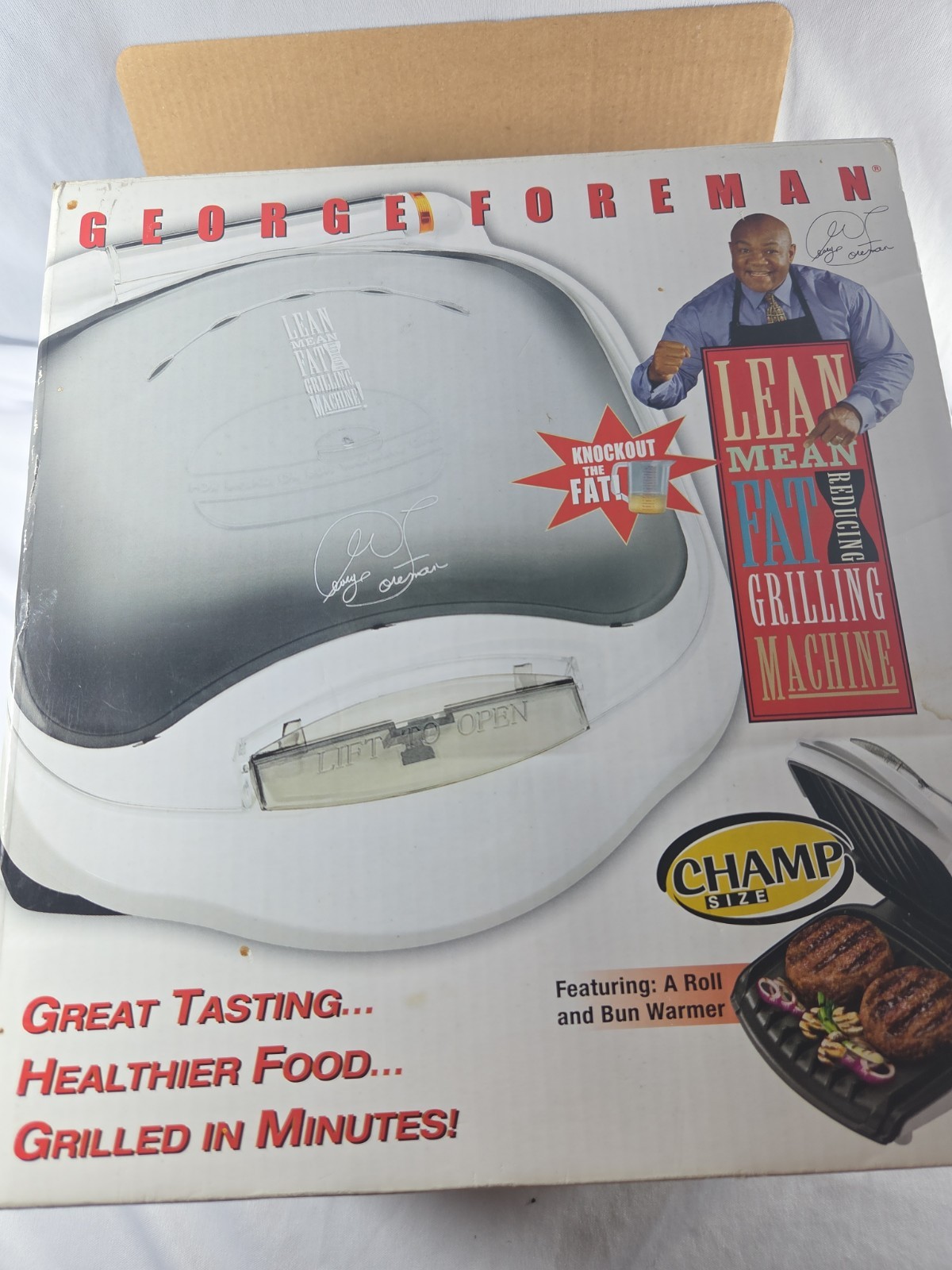George Foreman Champ Size Grill With Bun Warmer White GR10ABW – Complete In Box