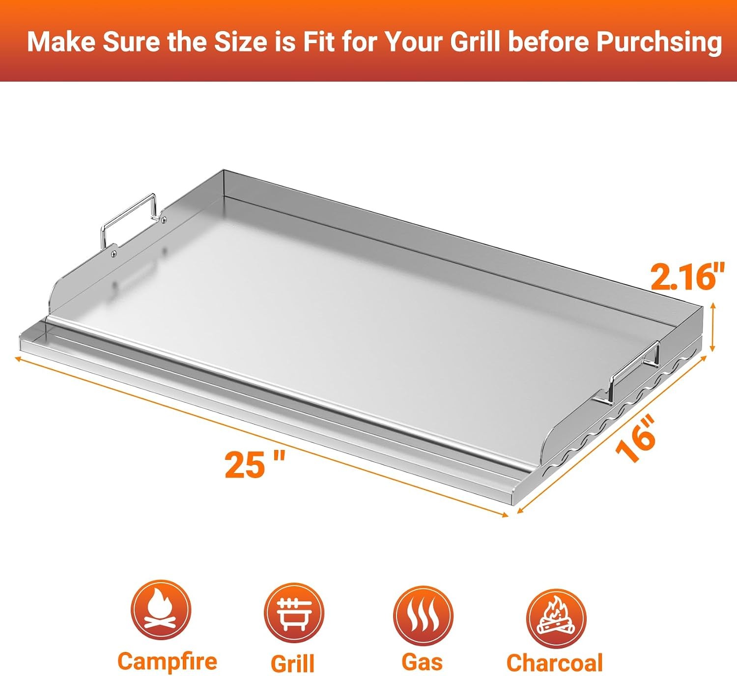 25x16in Stainless Steel Griddle for BBQ and Flat Top Grill