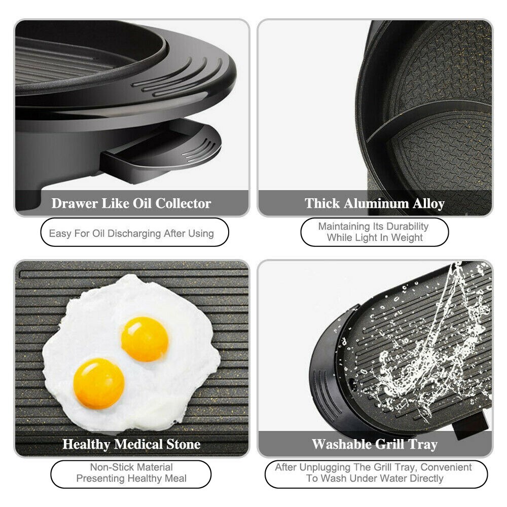 2 in 1 Portable Electric Hot Pot Barbecue Grill Non-Stick Teppanyaki Pan EP