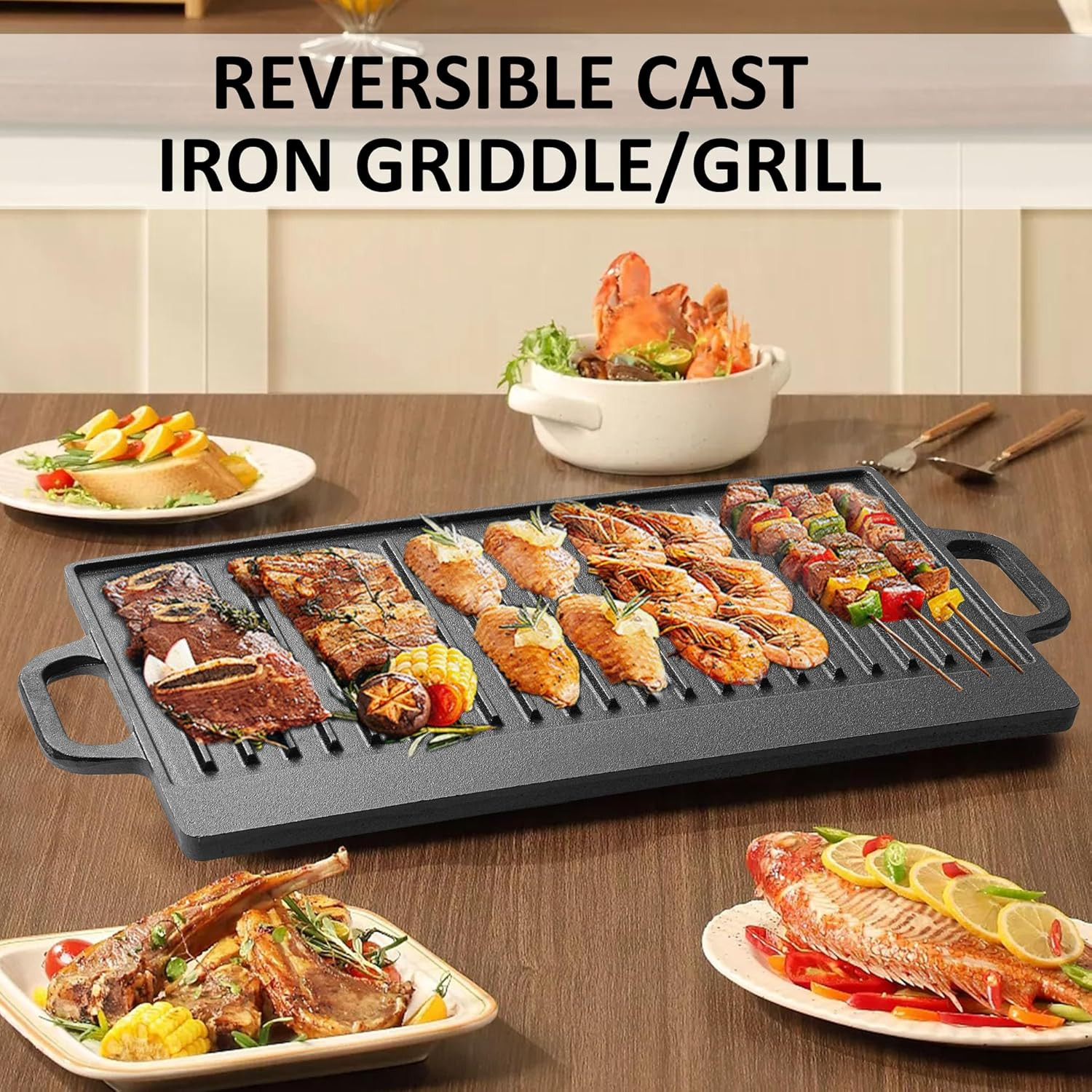 Cast Iron Griddle Skillet for Stove Top and Gas Grill – Flat Top Grill and Rever