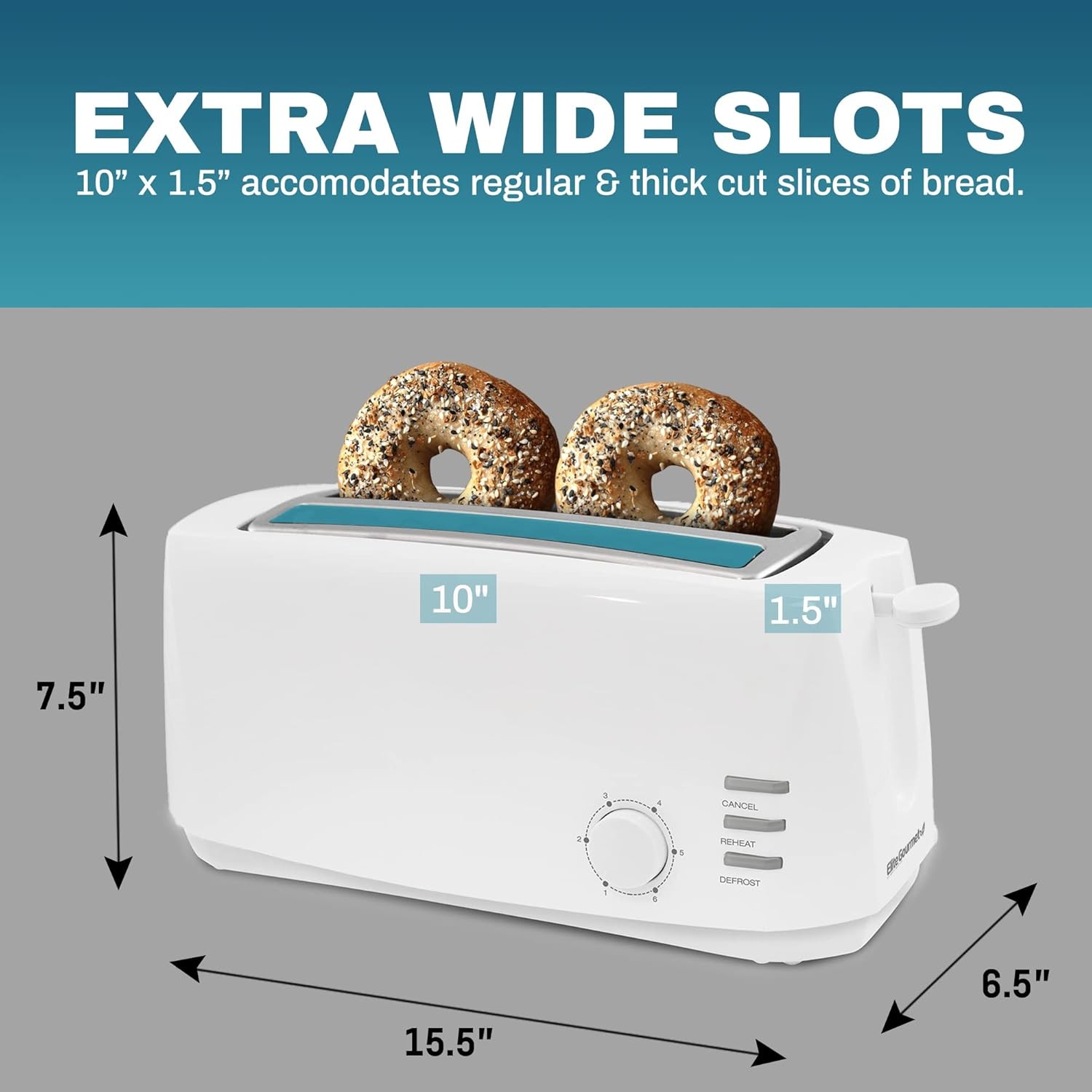 Elite Gourmet ECT-4829 Long Slot 4 Slice Toaster, 6 Toast 4 Slice, White