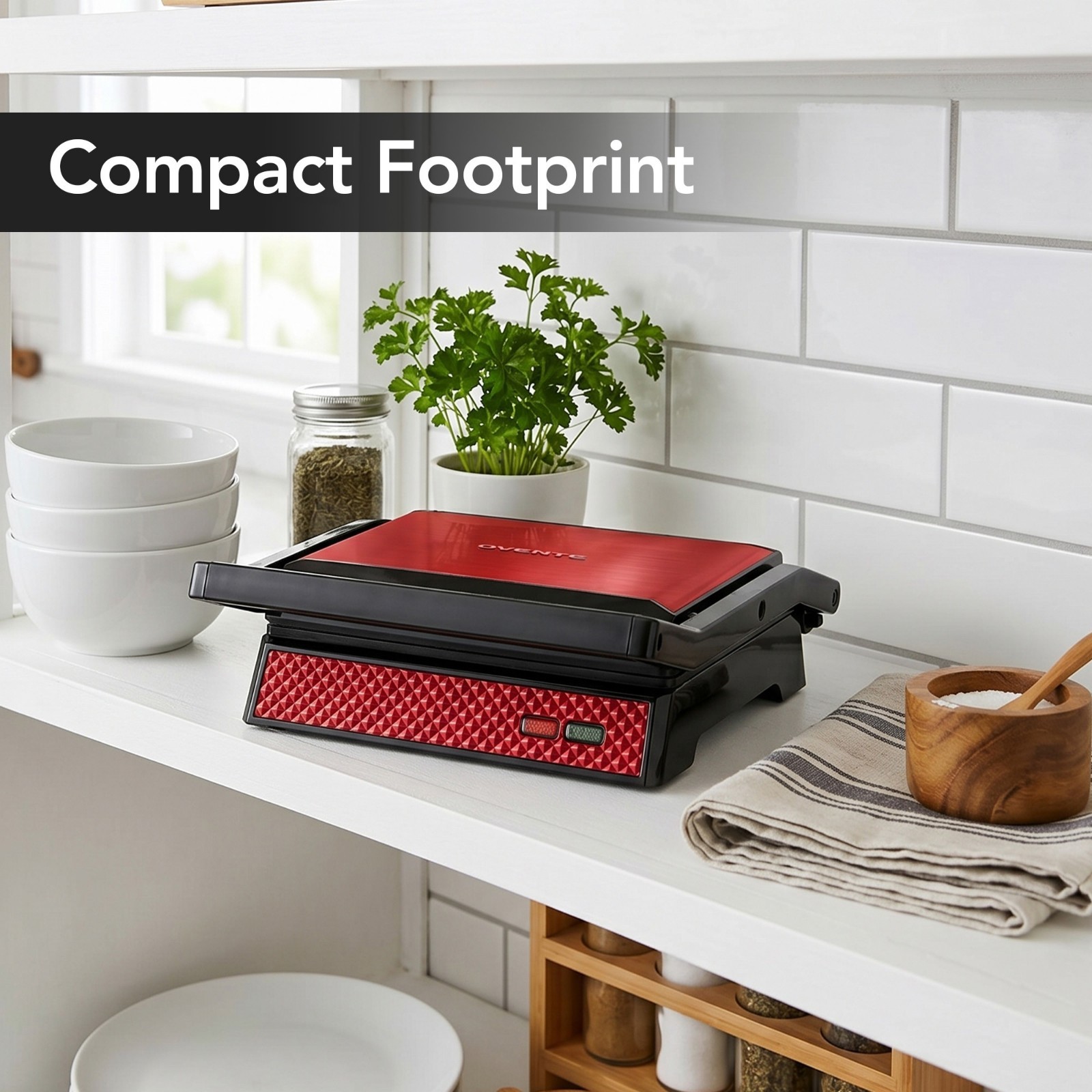 OVENTE Electric Indoor Panini Press Grill + Sandwich Maker, Red GP0620R | Opens