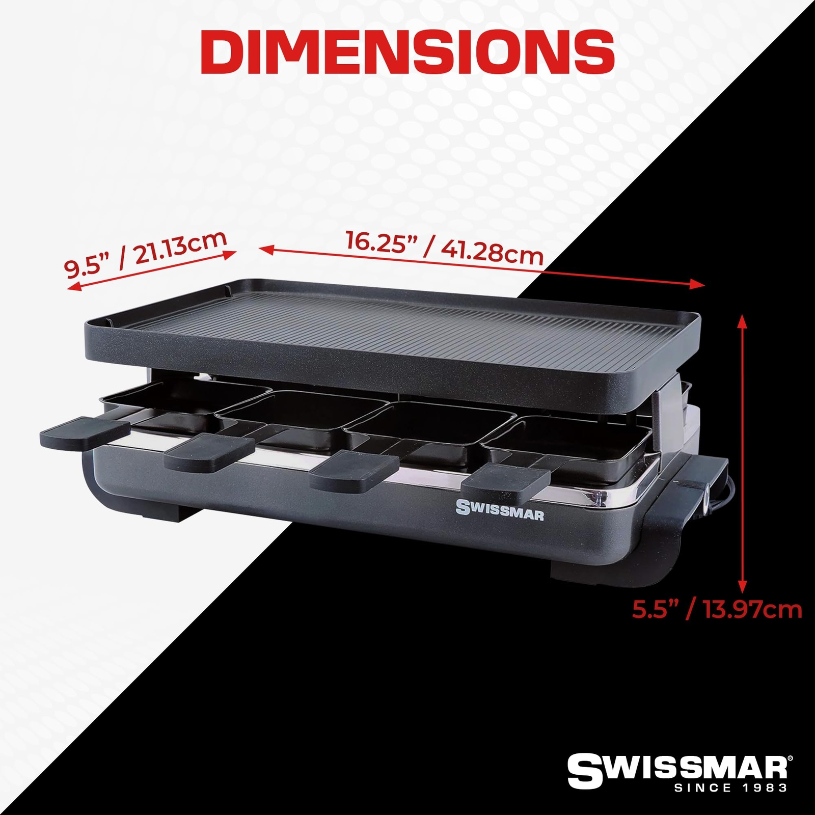 Swissmar Classic Raclette Grill Reversible Non Stick Plate 8 Dishes and Spatulas