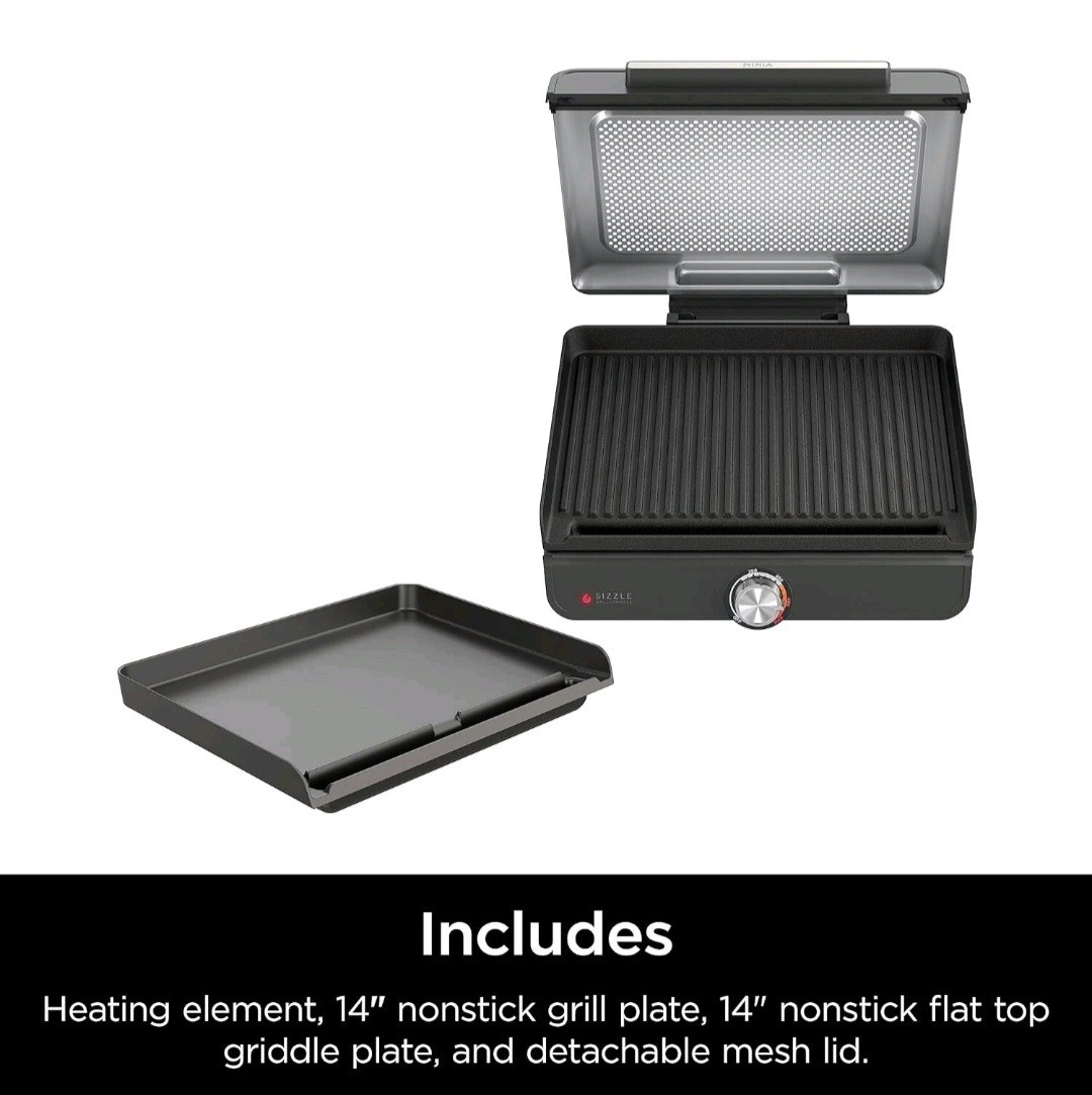 Ninja GR101 Sizzle Smokeless Indoor Grill + Griddle, 14” Interchangeable Plates