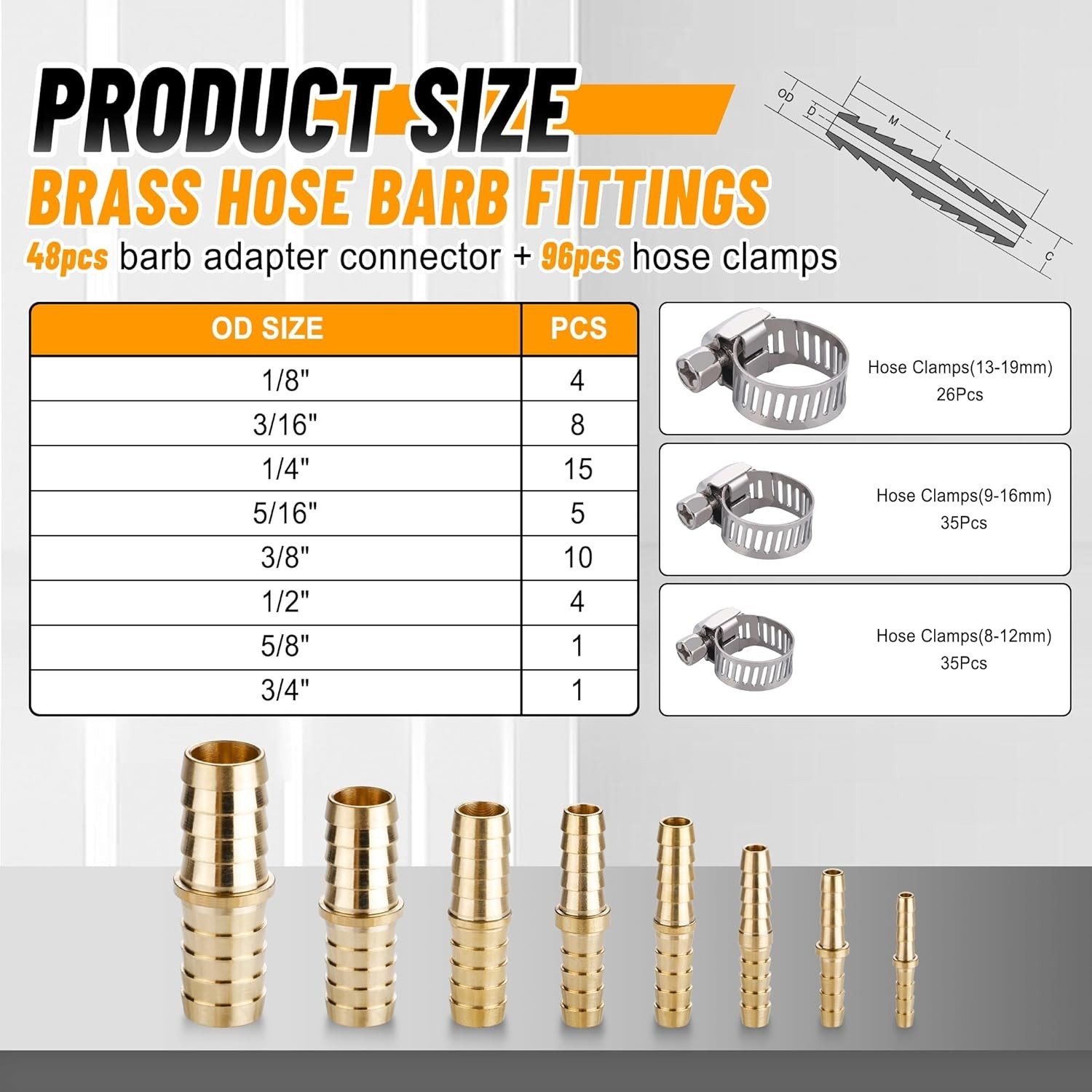 48PCS Brass Hose Barb Fitting,Barb Splicer Mender Hose Fittings 1/8″ 3/16″ 1/4″
