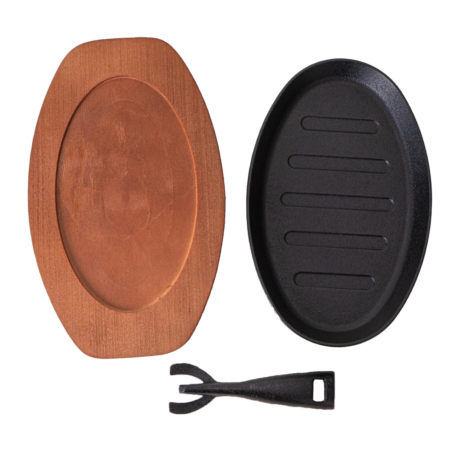 Cast Iron Steak Plate Sizzle Griddle Wooden Base Fajita Pan Oval 10 Inch
