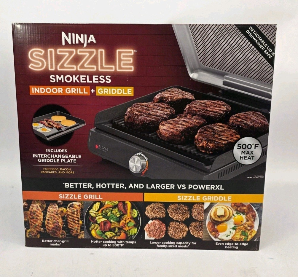 Ninja GR101 Sizzle Smokeless Indoor Grill + Griddle, 14” Interchangeable Plates