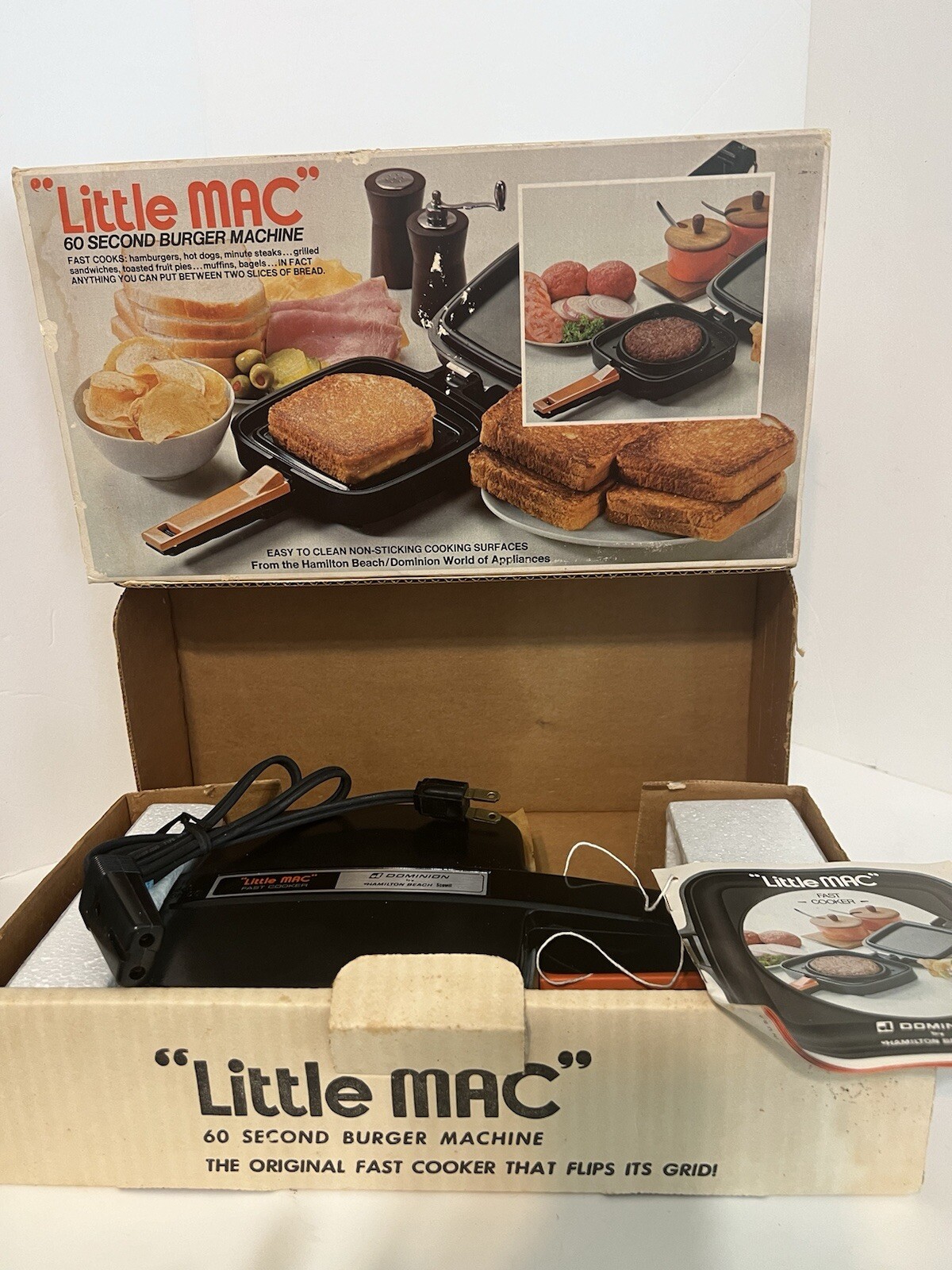 Vintage NOS Hamilton Beach “LITTLE MAC” 60 Second Burger Machine Model 2108 NEW