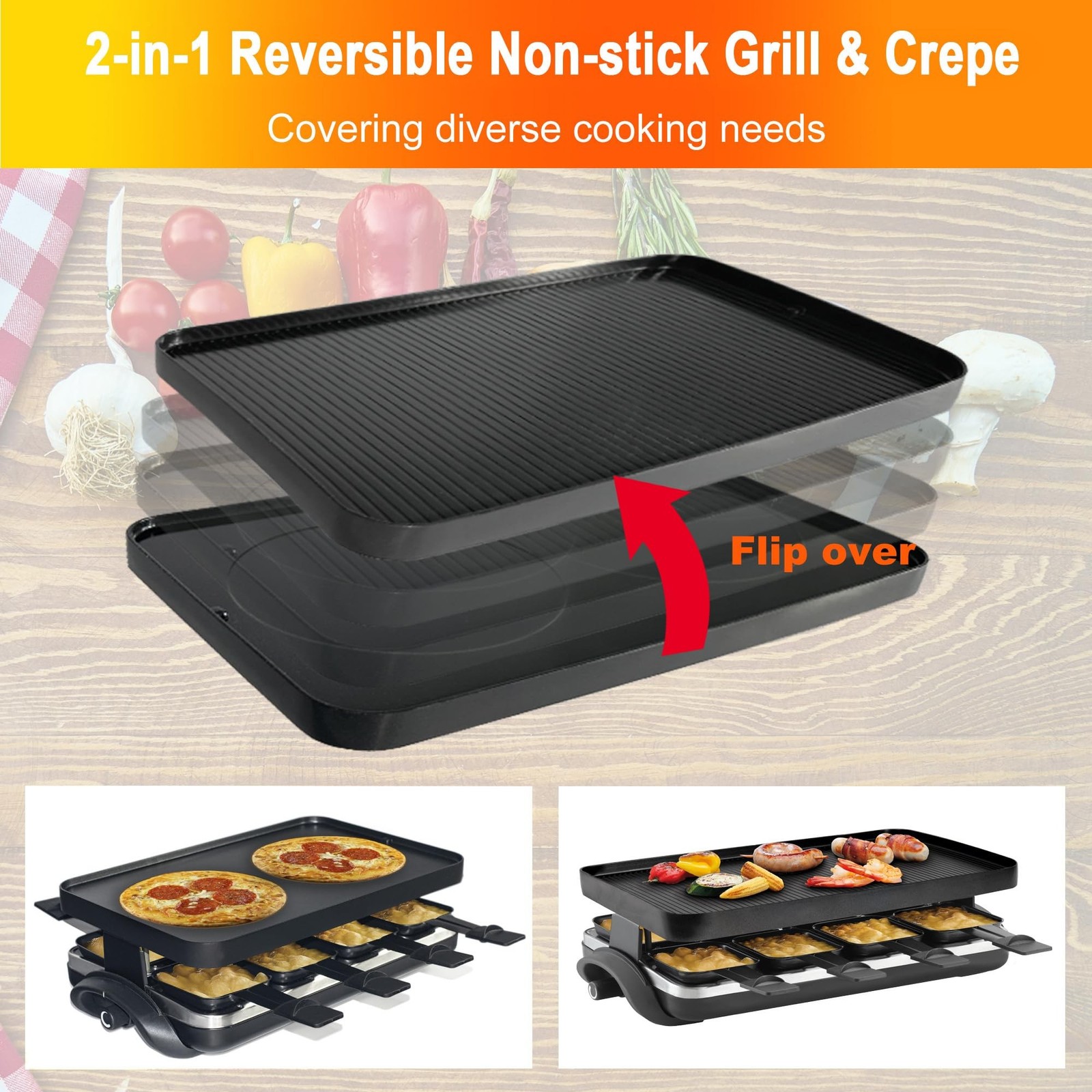 TAMARIT Classic 8 Person Raclette Grill 1500W Electric Tabletop Griddle