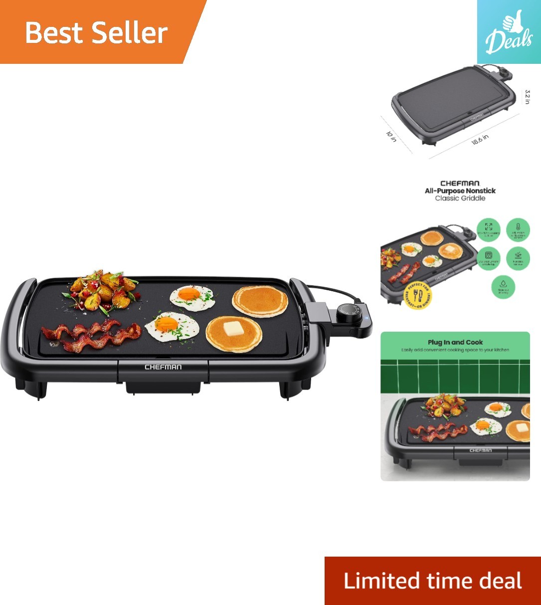 12-in-1 Electric Griddle – Removable Temperature Control, 10 x 16 Inch Nonstick