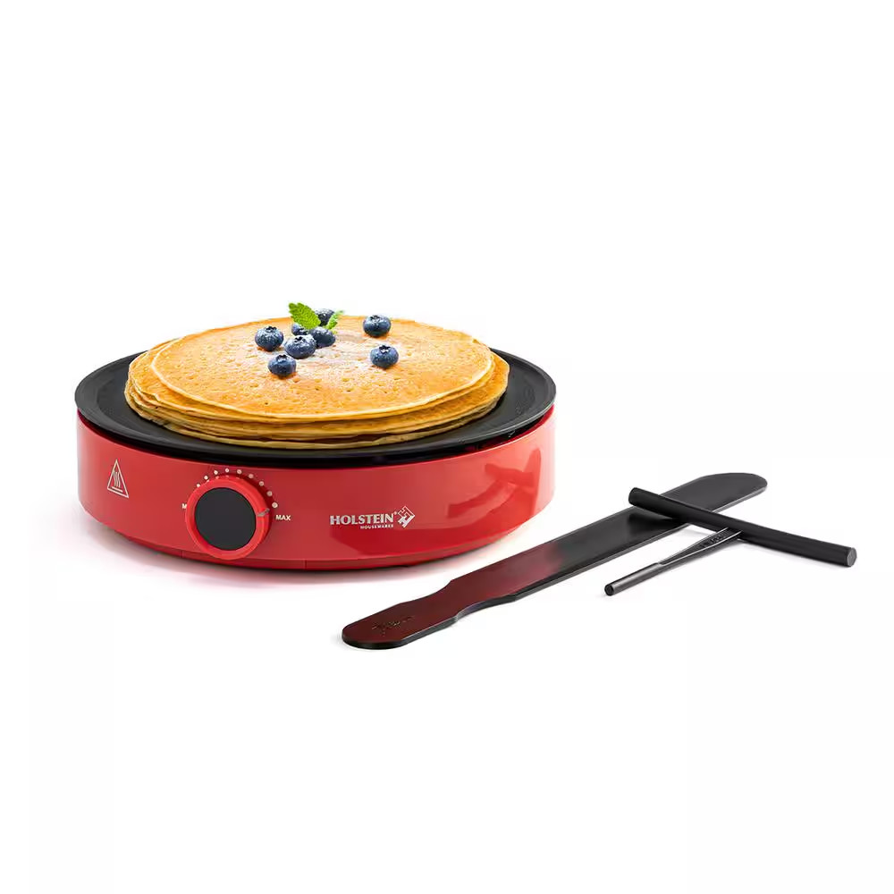 12 In. Non-Stick Smokeless Electric Griddle Crepe Maker, Red