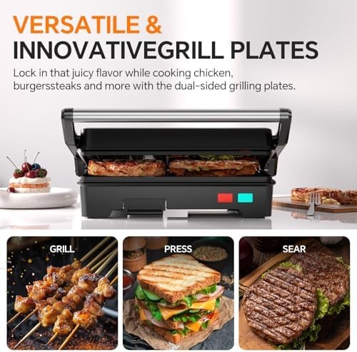 Panini Press Grill, 1000W Sandwich Maker with Non-Stick Coated Plates, Opens …