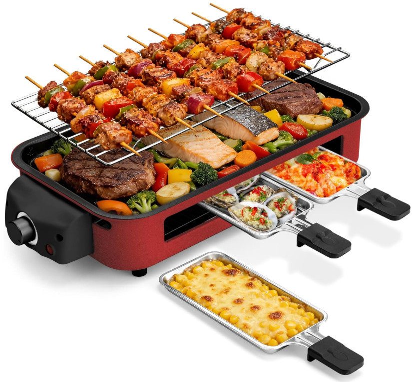 Parrilla eléctrica 2 en 1 1700W, placa antiadherente, temp ajustable roja, Nuevo