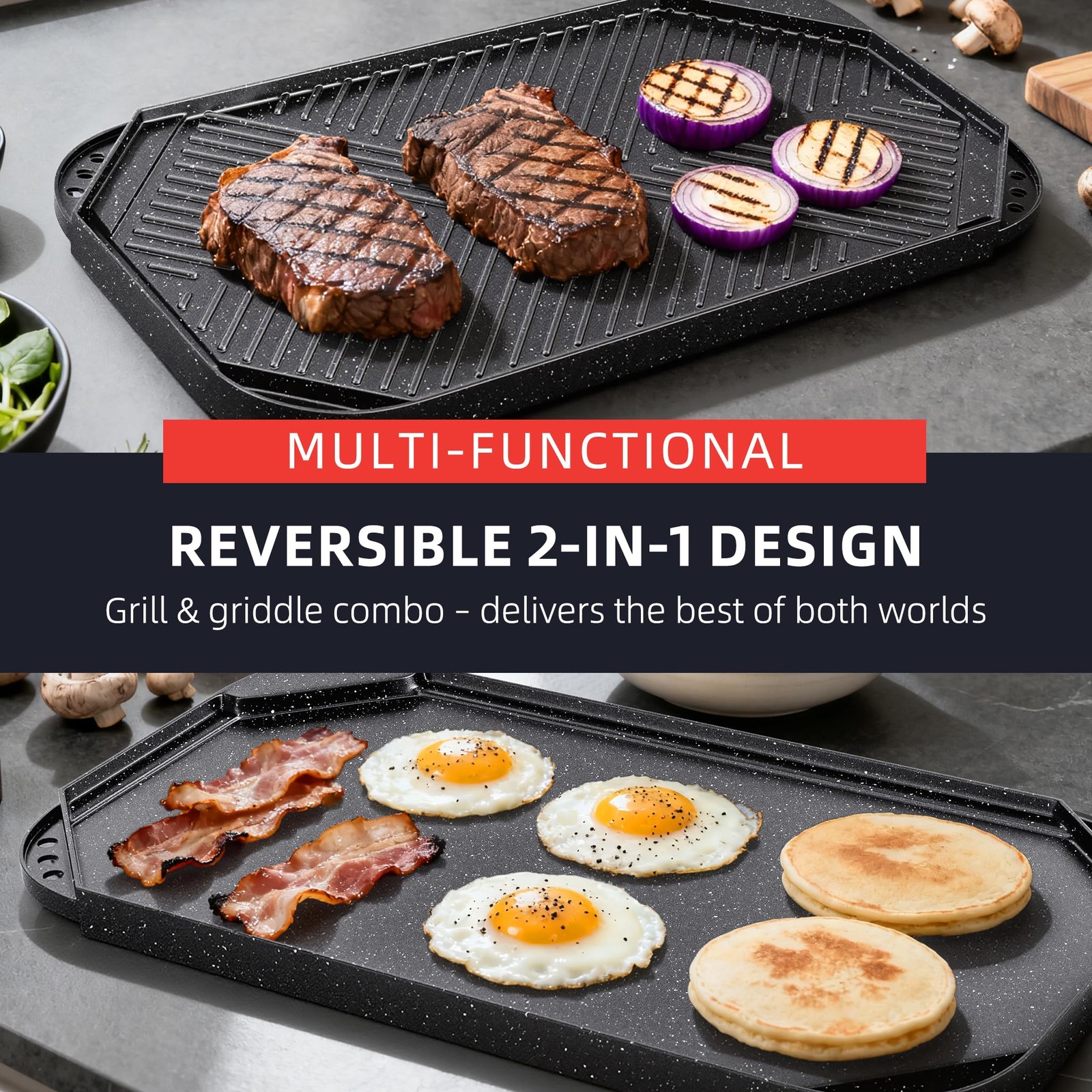 19.5×11 Inch Nonstick Griddle Grill Pan Reversible Stove Top Cast Aluminum Flat