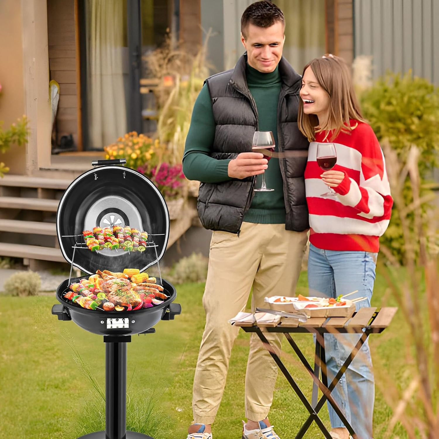1600W Vertical Electric Grill with Lid, Red 304 Stainless Steel Grill W/Detachab