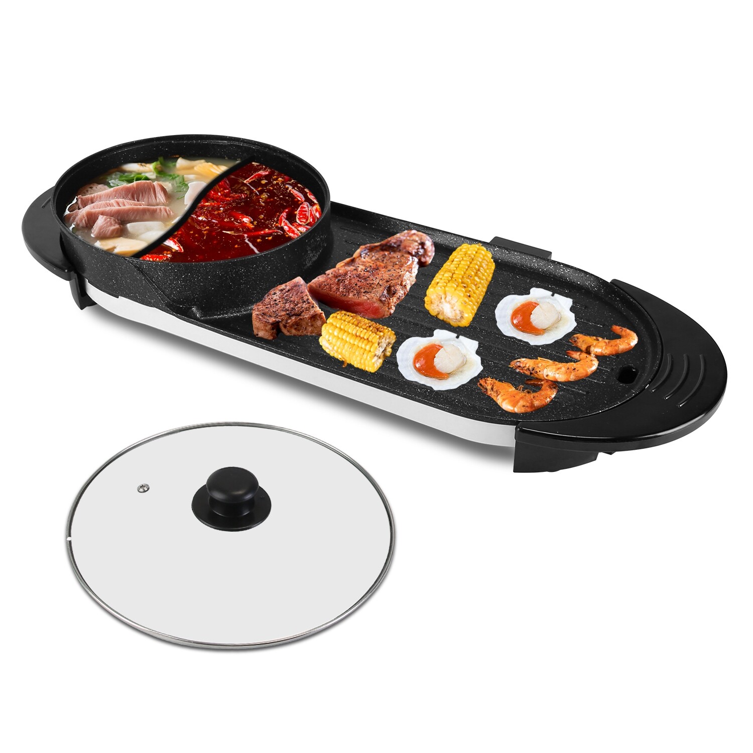 Electric Hot Pot & BBQ Grill 2200W Cooker Non-Stick BBQ Grill for Party Camping