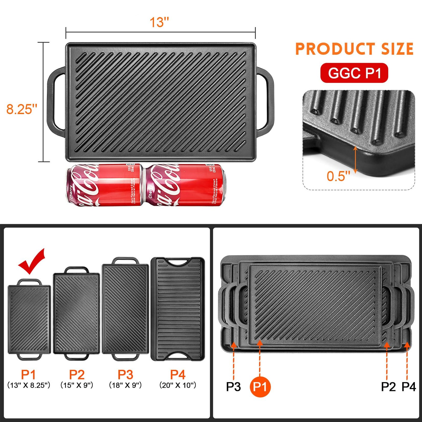 GGC Cast Iron Reversible Grill Griddle，Double Sided Grill Pan Perfect for Gas…
