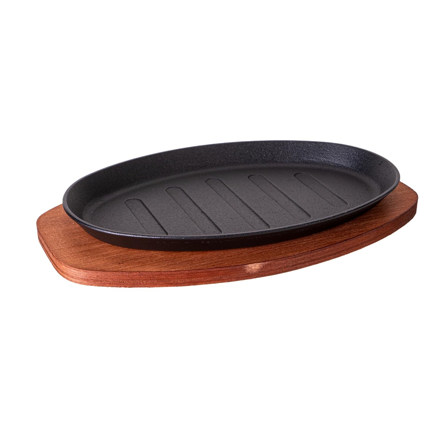Cast Iron Steak Plate Sizzle Griddle Wooden Base Fajita Pan Oval 10 Inch