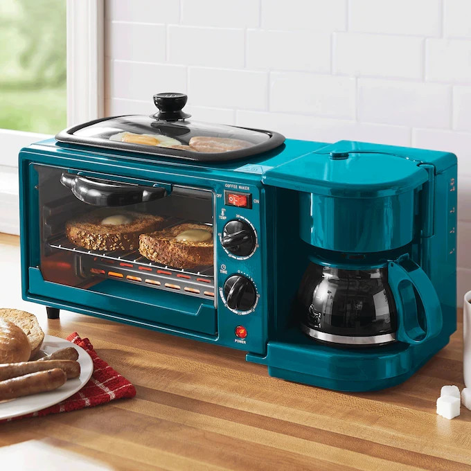 3-in-1 Breakfast Maker Grill Bake Toast Brew Coffee 200-450°F, Teal, Freeship