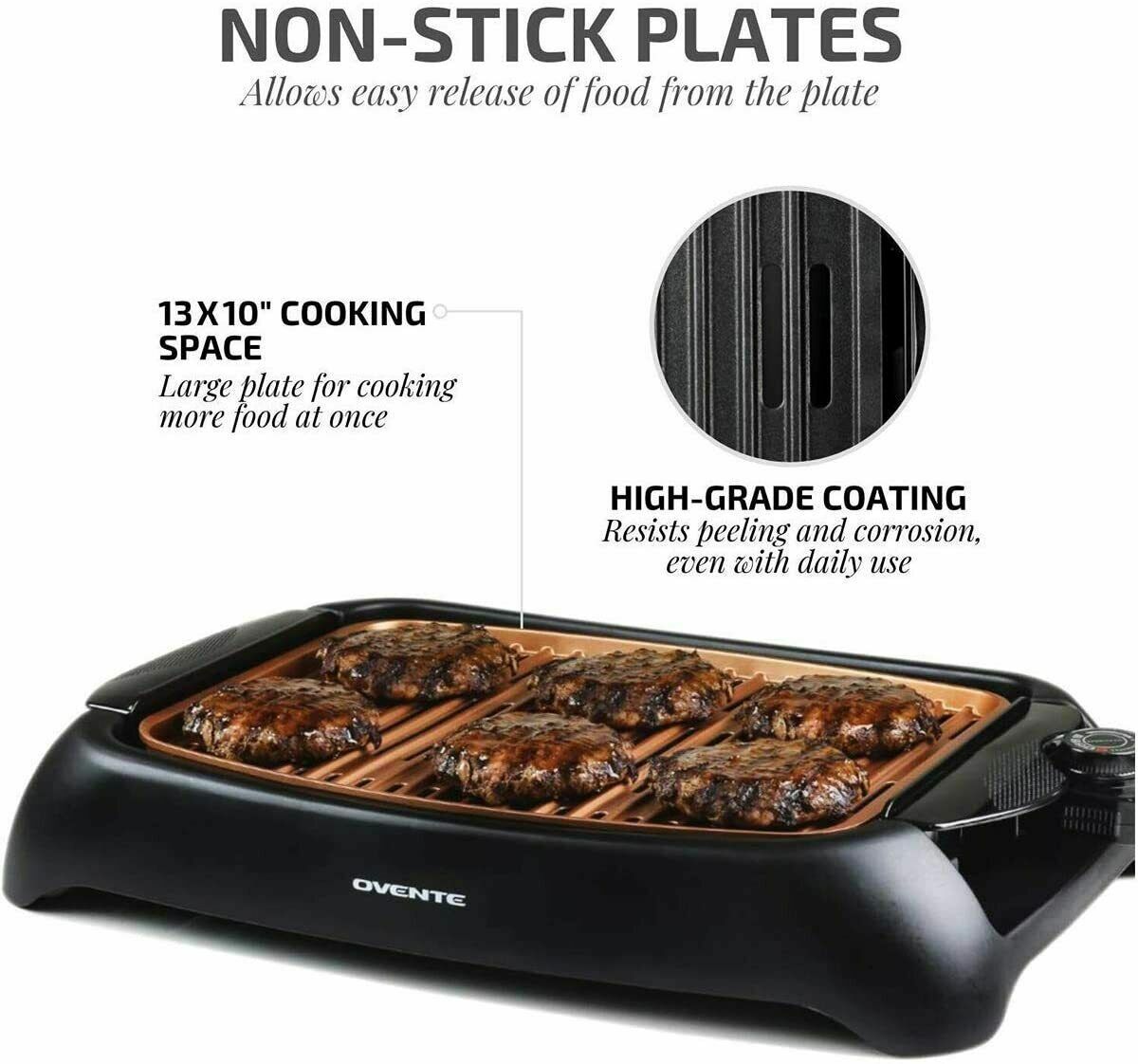 Ovente Electric Cooking Grill 13 x 10 Inch Nonstick Flat Plate Copper GD1632NLCO