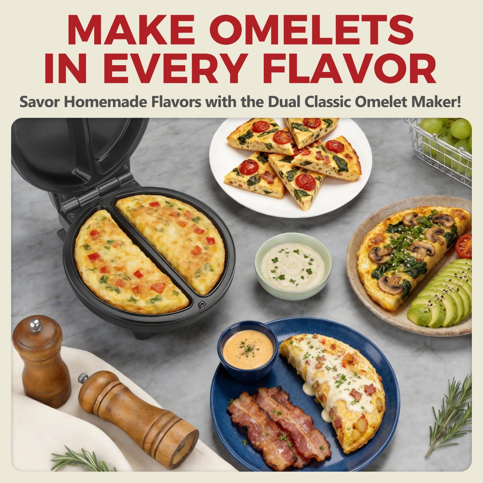 Dual-Zone Electric Omelette Maker for 2, Nonstick Ceramic Pan, Breakfast Frittat